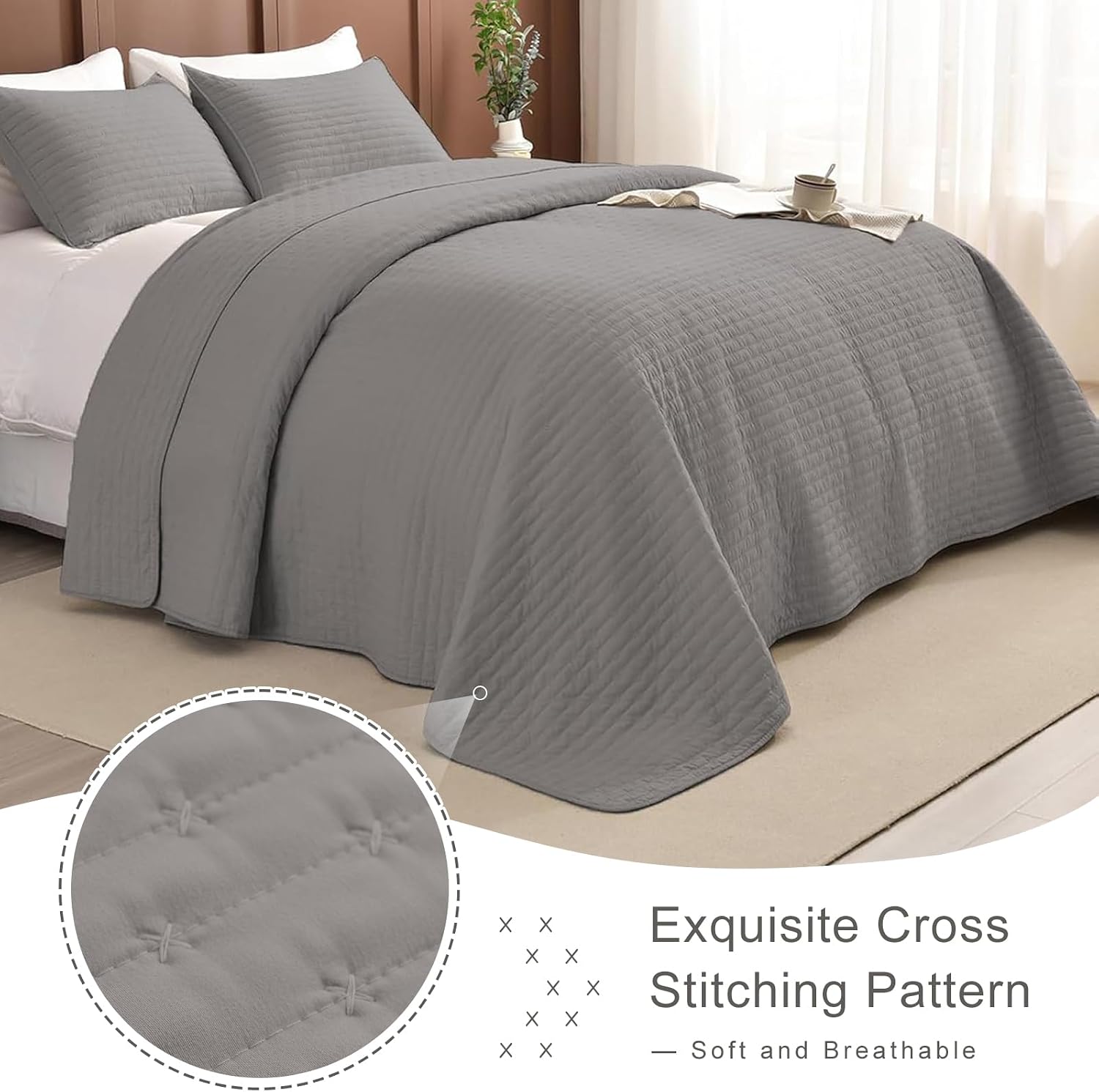 Lady Ann Gray Oversized King Bedspread 128x120, 3Pcs Extra Large Farmhouse Lightweight King Quilt Bedding Set Soft Quilted Bedspreads Thin Comforter for All Season