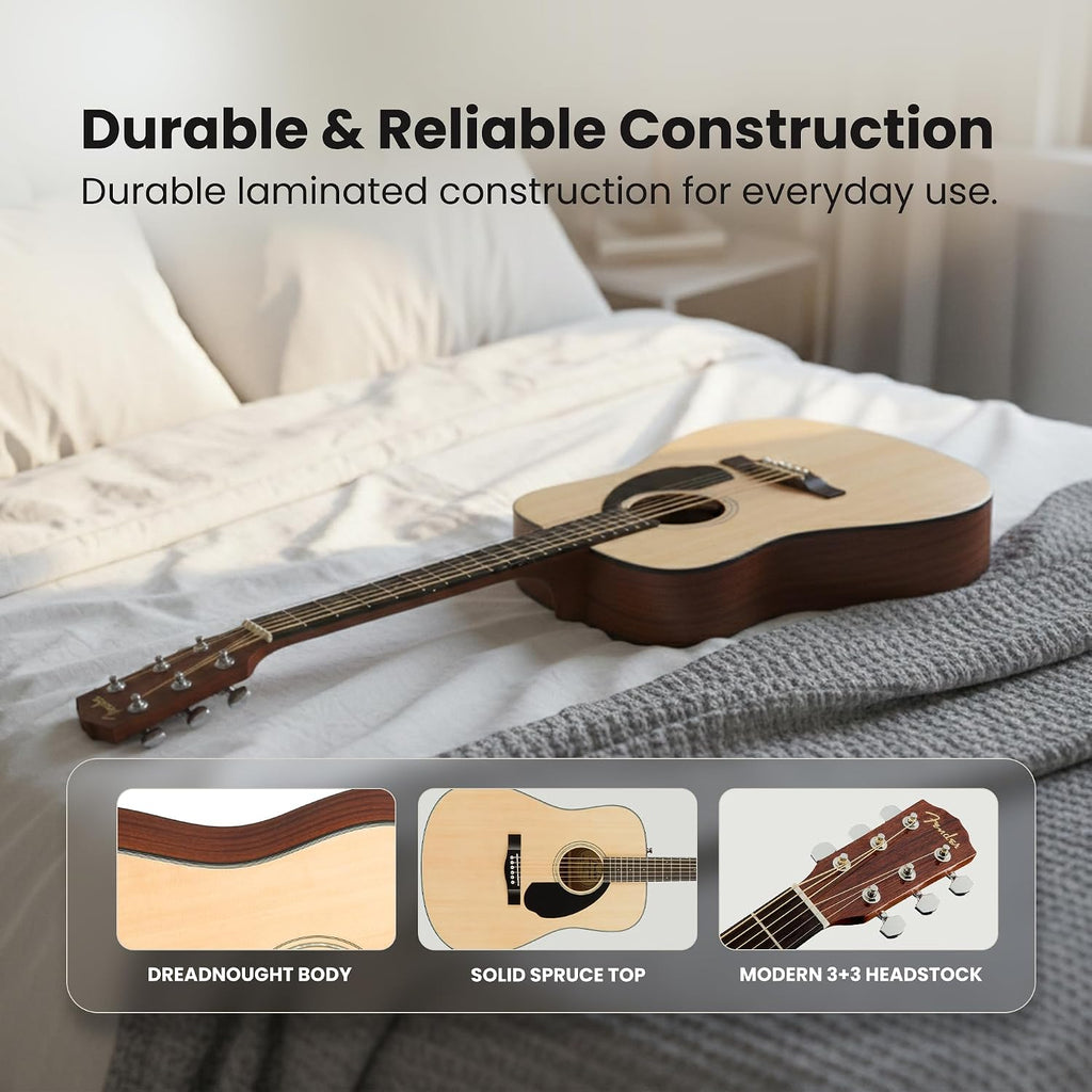 Fender FA Series Dreadnought Acoustic Guitar - Natural Bundle with Gig Bag, Tuner, Strap, Strings, Picks, and Austin Bazaar Instructional DVD