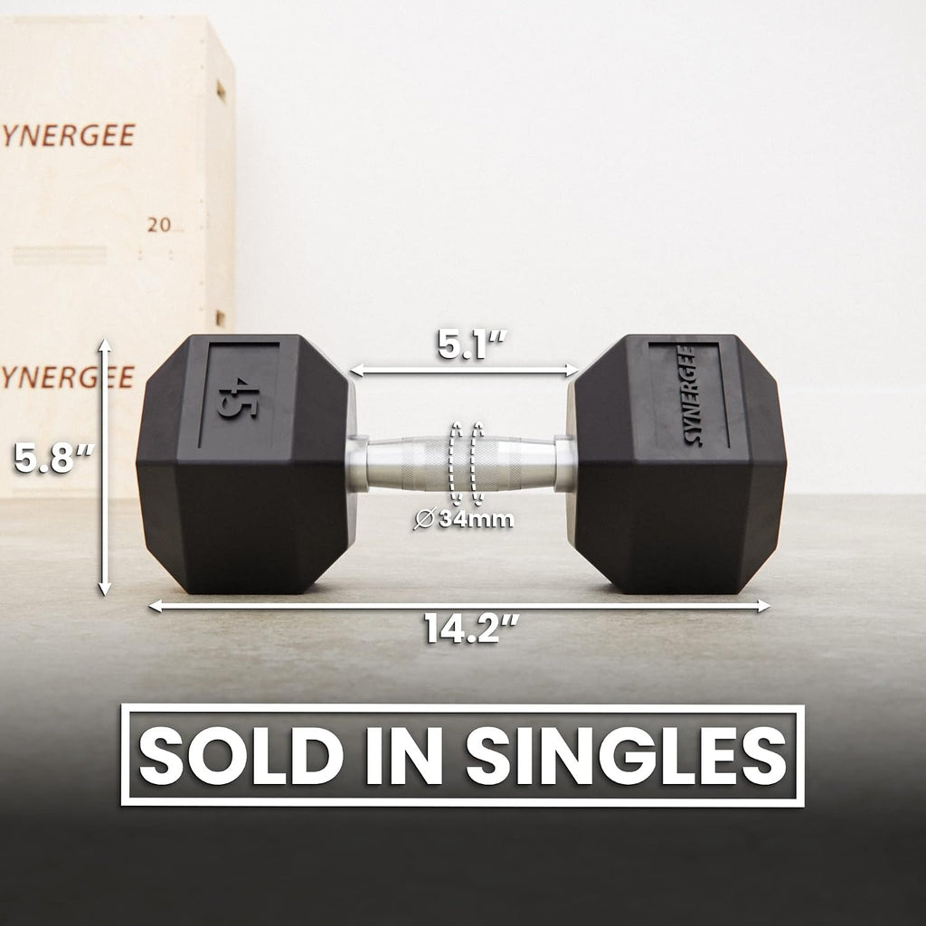 Synergee Rubber Encased Hex Dumbbells with Chrome Handle. All Purpose Weights for Strength & Conditioning Training. Available Size From 2.5 lbs to 50 lbs.
