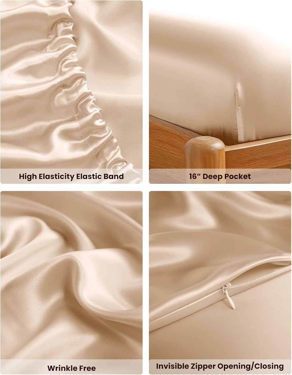 THXSILK 100% Mulberry Silk Bed Sheets Set - 4pcs Pure Silk Sheets Set - Flat Sheet, 16' Deep Pocket Fitted Sheet, 2 Pack Silk Pillowcase with Zipper Closure - Queen Size, Beige