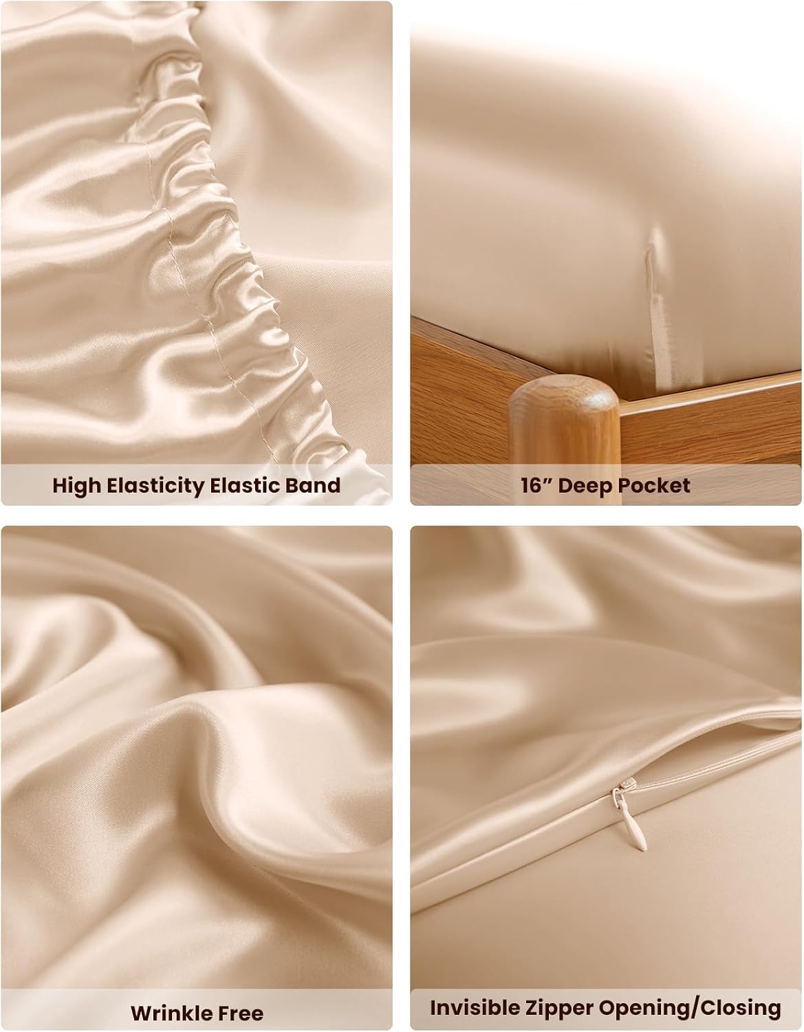 THXSILK 100% Mulberry Silk Bed Sheets Set - 4pcs Pure Silk Sheets Set - Flat Sheet, 16' Deep Pocket Fitted Sheet, 2 Pack Silk Pillowcase with Zipper Closure - Queen Size, Beige