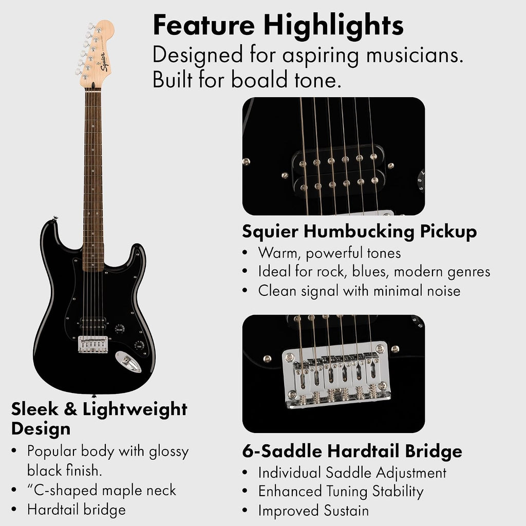 Fender Squier Sonic Stratocaster HT H - Black Bundle with Frontman 10G Amp, Tuner, Strap, Cable, Picks, and Austin Bazaar Guitar DVD