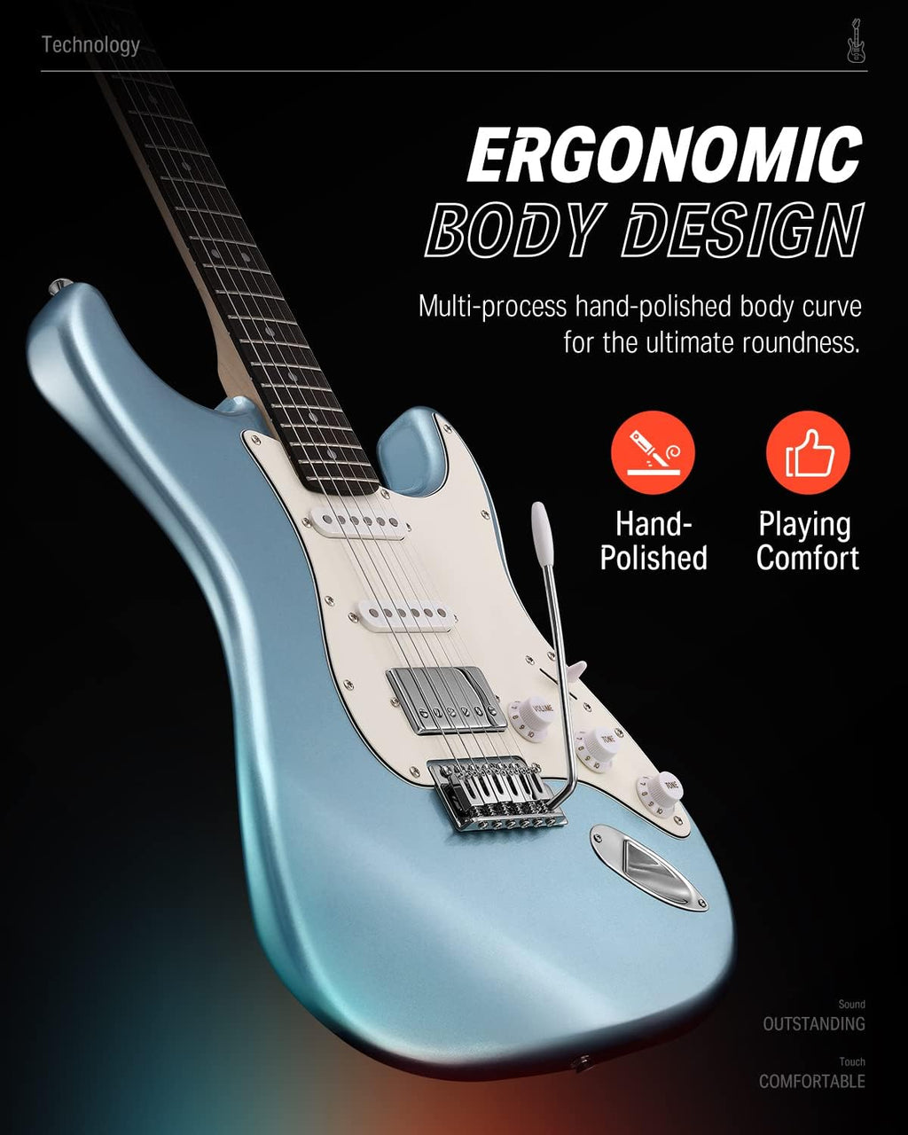 Donner DST-152R Electric Guitar, 39' Beginner Electric Guitar Kit, HSS Pickup with Coil Split, Guitar Starter Set with Amp, Bag, All Accessories, Metallic Ice Blue