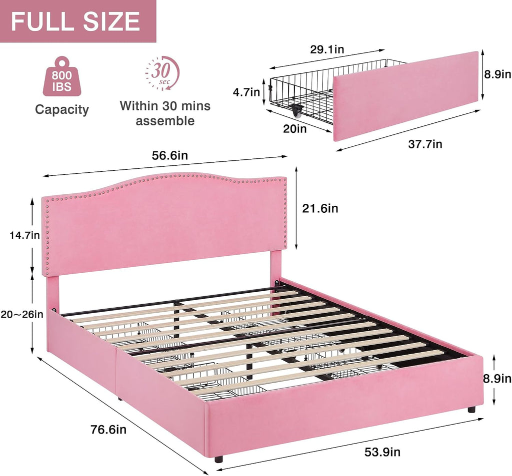 VECELO Full Bed Frame, Platform Bed Frame with 4 Underbed Storage Drawers & Adjustable Height Upholstered Headboard, Heavy-Duty Frame and Strong Wooden Slats Support, Noise-Free, Easy Assembly, Pink