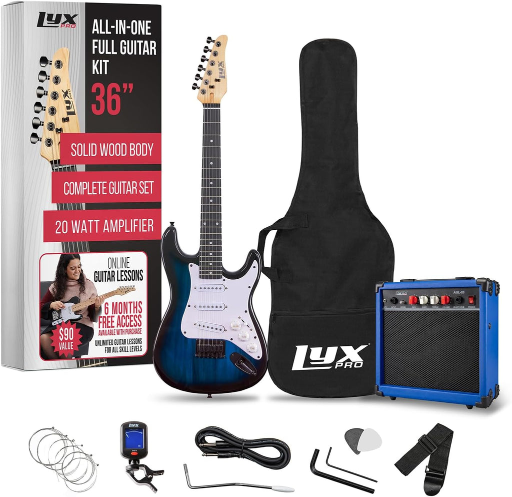 LyxPro 36 Inch Electric Guitar and Kit for Kids with 3/4 Size Beginner's Guitar, Amp, Six Strings, Two Picks, Shoulder Strap, Digital Clip On Tuner, Cable and Soft Case Gig Bag - Blue