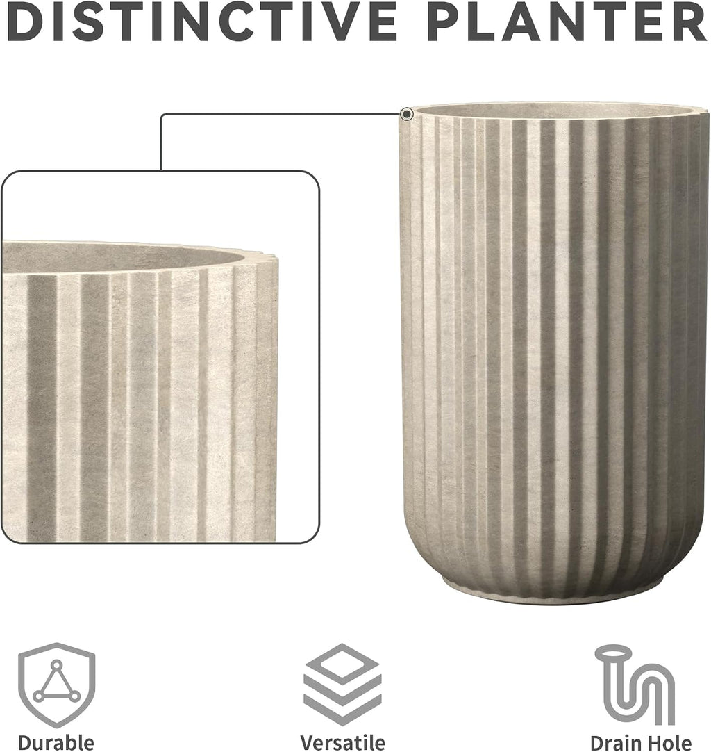 Kante Tall Fulted Planter, 21.7 Inch Tall Round Concrete Plant Pots with Drainage Hole and Rubber Plug, Modern Decor for Indoor Outdoor Plants, Flower, Weathered Concrete