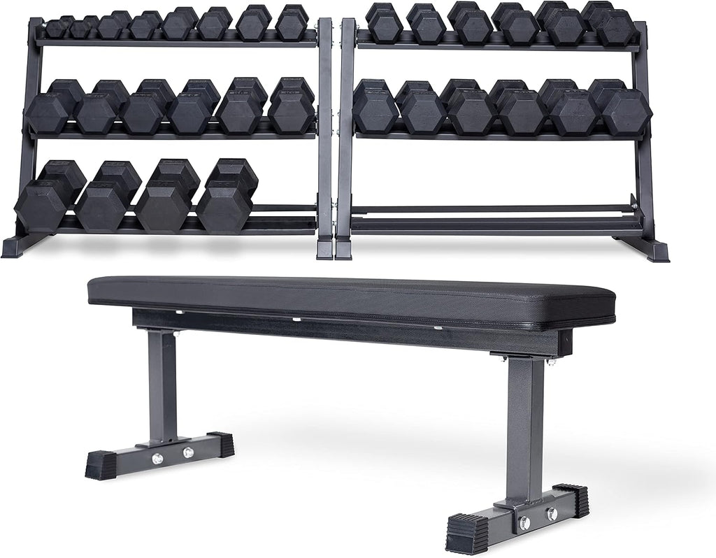 REP FITNESS Dumbbell Set with Bench – 5-50, 5-75 or 5-100 Rubber Hex Dumbbell Set with Either Flat or Adjustable Bench