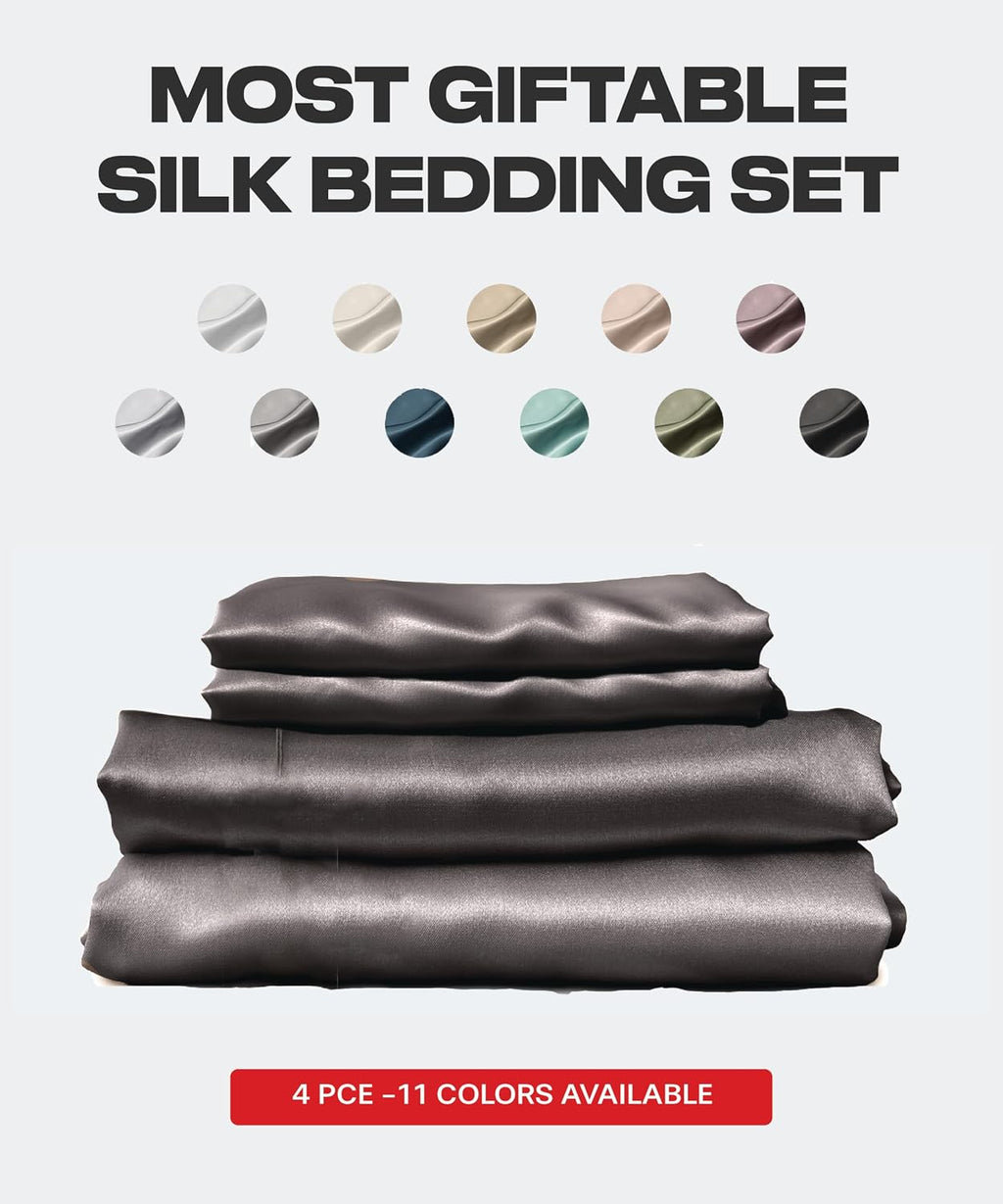 Colorado Home Co SUNDAYSILKS™ | 100% Mulberry Silk Bed Sheets | King Size | 4PC Set | Luxury Organic Real Silk Sheets Set [Charcoal Essence]