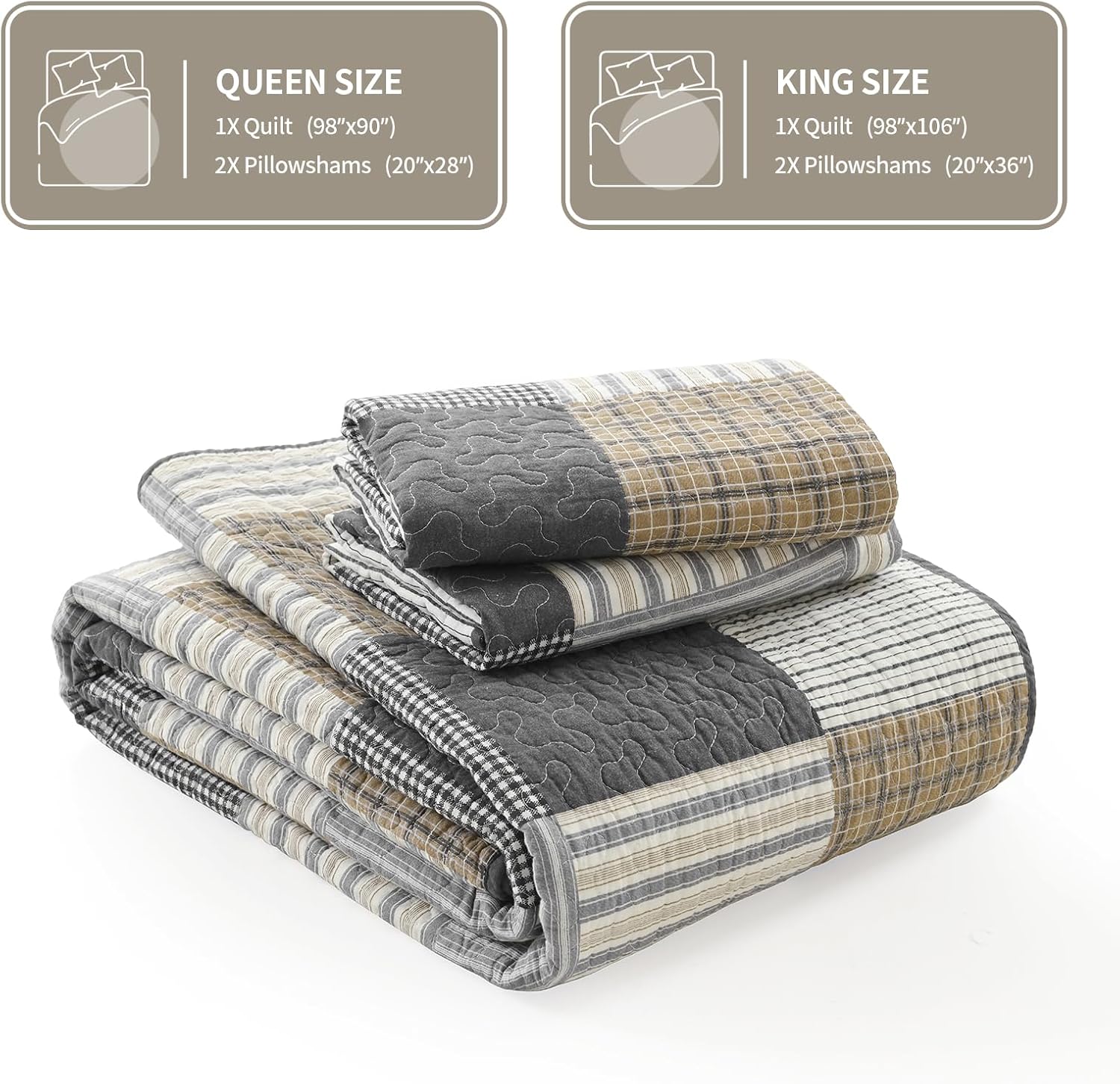 KALOOLA Plaid Quilt King Size, 100% Cotton Soft Lightweight Quilted Bedding Set for King Bed, Farmhouse Reversible Bedspread Coverlet with 2 Pillowshams for All Season, 3 Pcs, Grey/White/Black