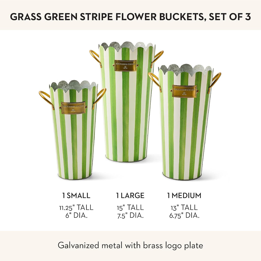 MACKENZIE-CHILDS Set of 3 Galvanized Flower Buckets, Decorative Metal Buckets, Green-and-White Grass Green Stripe