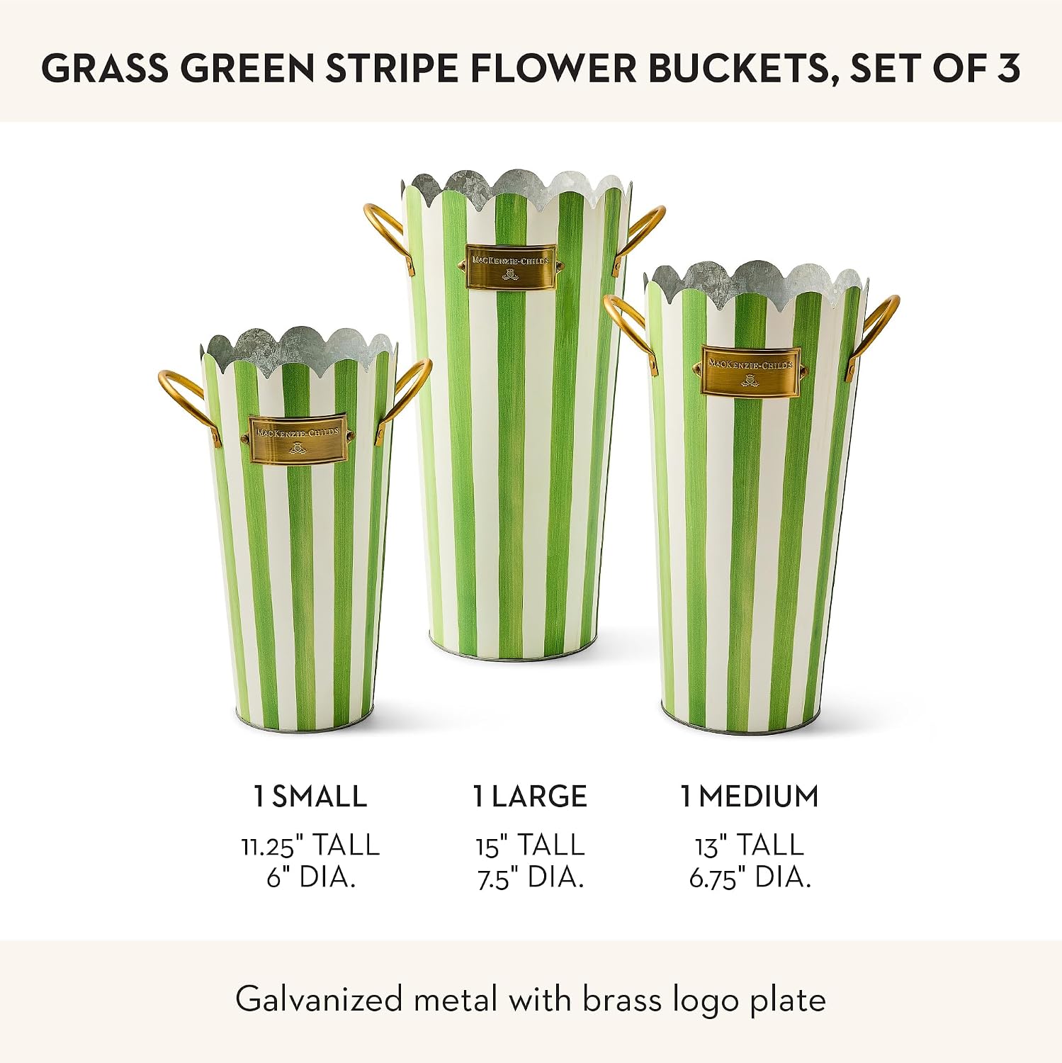 MACKENZIE-CHILDS Set of 3 Galvanized Flower Buckets, Decorative Metal Buckets, Green-and-White Grass Green Stripe