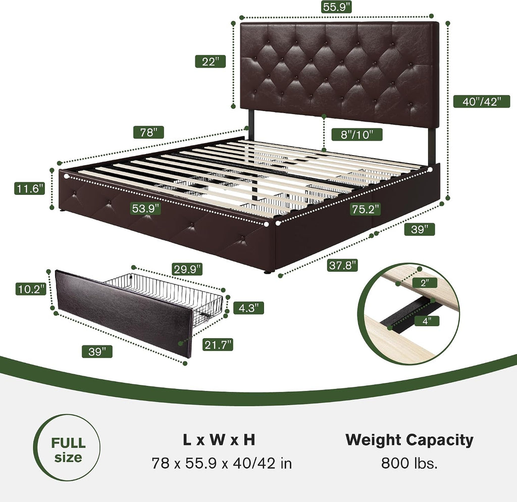 MUTICOR Full Size Bed Frame with 4 Storage Drawers, Upholstered Platform Bed with Button Tufted Adjustable Headboard, No Box Spring Needed, Easy Assembly, Diamond Tufted, Black Brown Leather