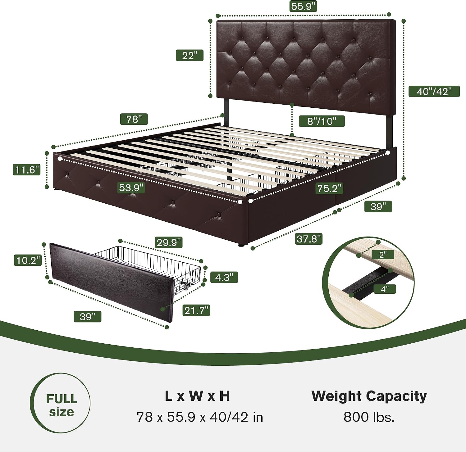 MUTICOR Full Size Bed Frame with 4 Storage Drawers, Upholstered Platform Bed with Button Tufted Adjustable Headboard, No Box Spring Needed, Easy Assembly, Diamond Tufted, Black Brown Leather