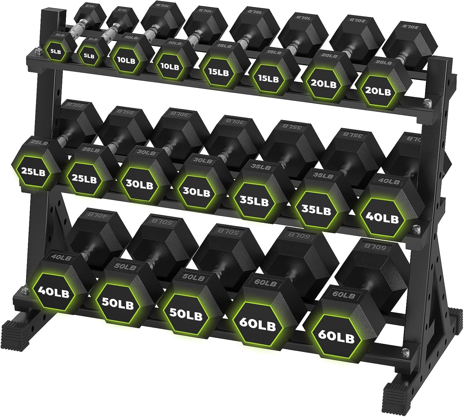 HANDBODE Hex Dumbbell Set with Rack, 300-840 lb Rubber Coated Fixed Weights Sets with Heavy Duty Storage Stand, Hexagon Shape, Multiple Weight Options Home Gym Equipment for Strength Training