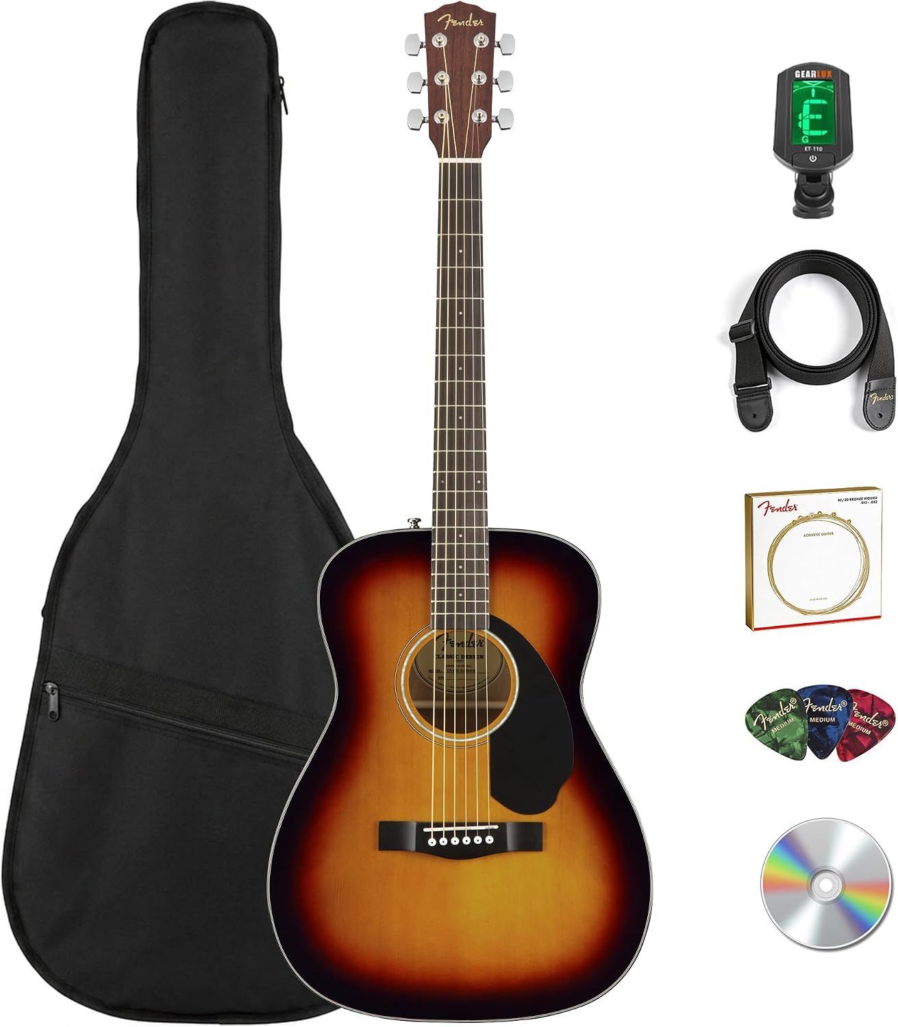 Fender CC-60S Solid Top Concert Acoustic Guitar - 3-Color Sunburst Bundle with Gig Bag, Tuner, Strap, Strings, Picks, and Austin Bazaar Instructional DVD