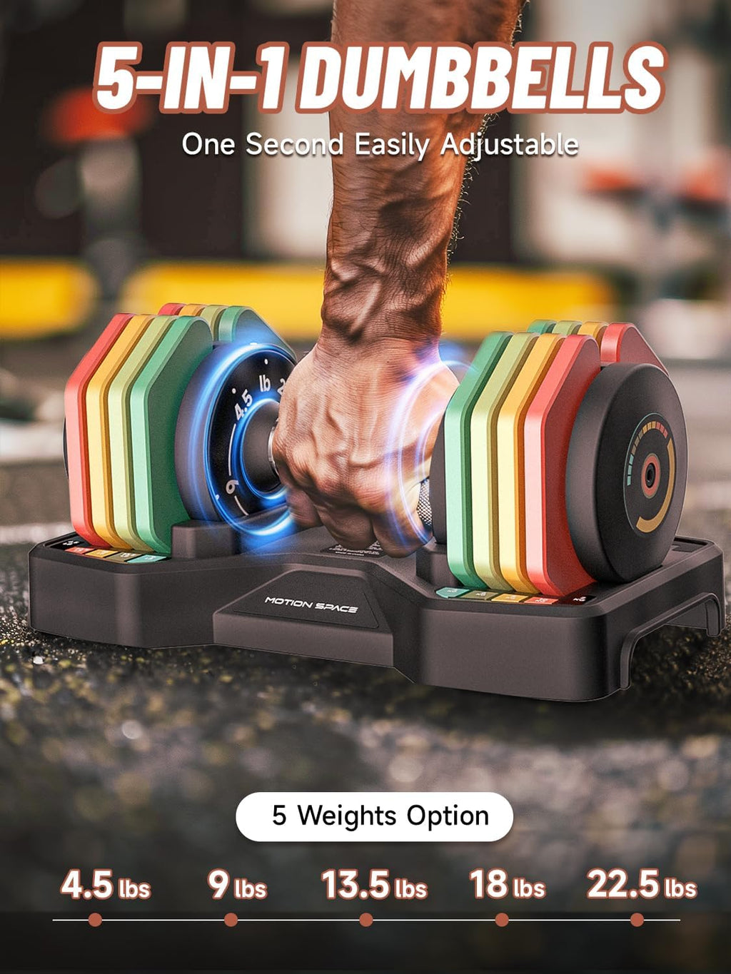 Adjustable Dumbbells Set 22.5LB Pair, 1-Sec Fast Adjustable 5 Free Weights, Premium Comfort Non-slip Metal Handle, Compact Size for Full Body Home Workout