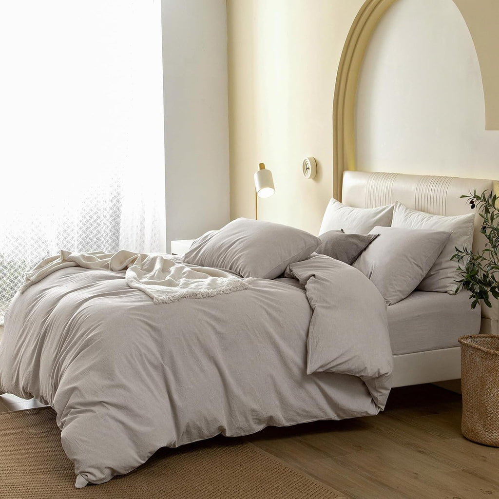 JIYUAN Alaska King Duvet Cover Set, 3-Piece - 100% Washed Cotton, Linen-Like Soft & Breathable with Zipper Closure, Includes 132x120 Inch Cover & 2 Pillowcases, Heathered Cream Grey