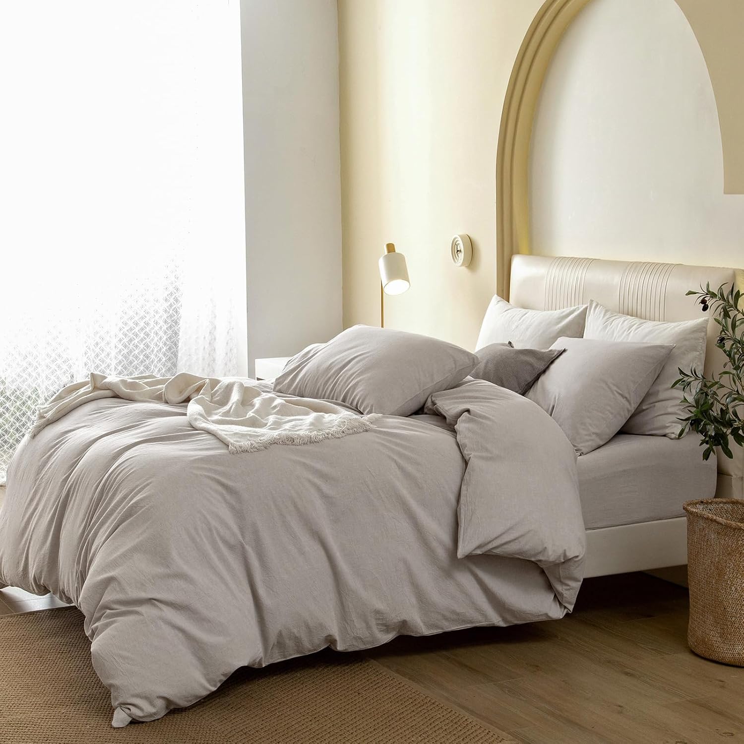 JIYUAN Super King Plus Duvet Cover Set, 3-Piece - 100% Washed Cotton, Linen-Like Soft & Breathable with Zipper Closure, Includes 120x120 Inch Cover & 2 Pillowcases, Heathered Cream Grey