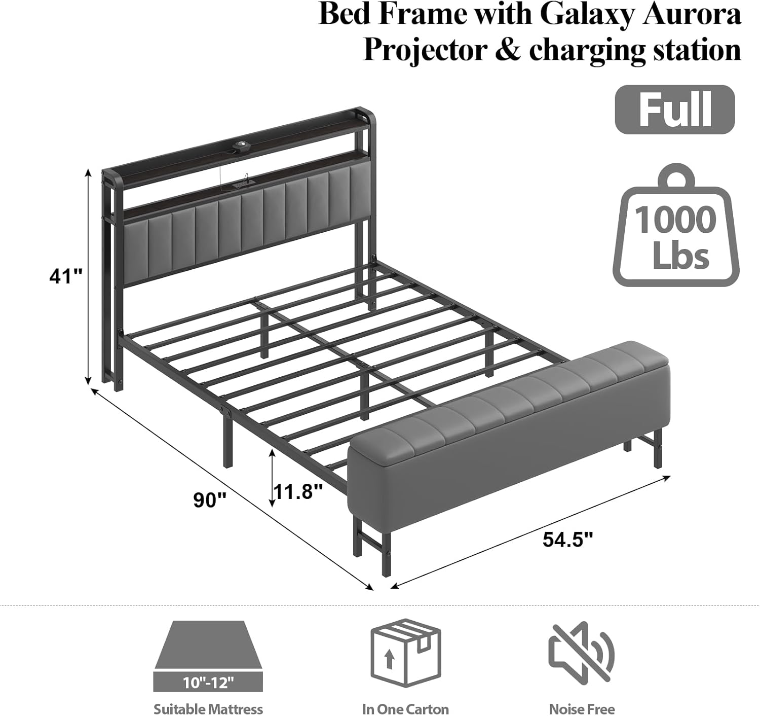 Full Size Bed Frame with Star Projector & Charging Station, PU Leather Upholstered Platform with 2-Tier Storage Headboard & Storage Ottoman, Metal Support, Noise-Free, No Box Spring Needed, Grey
