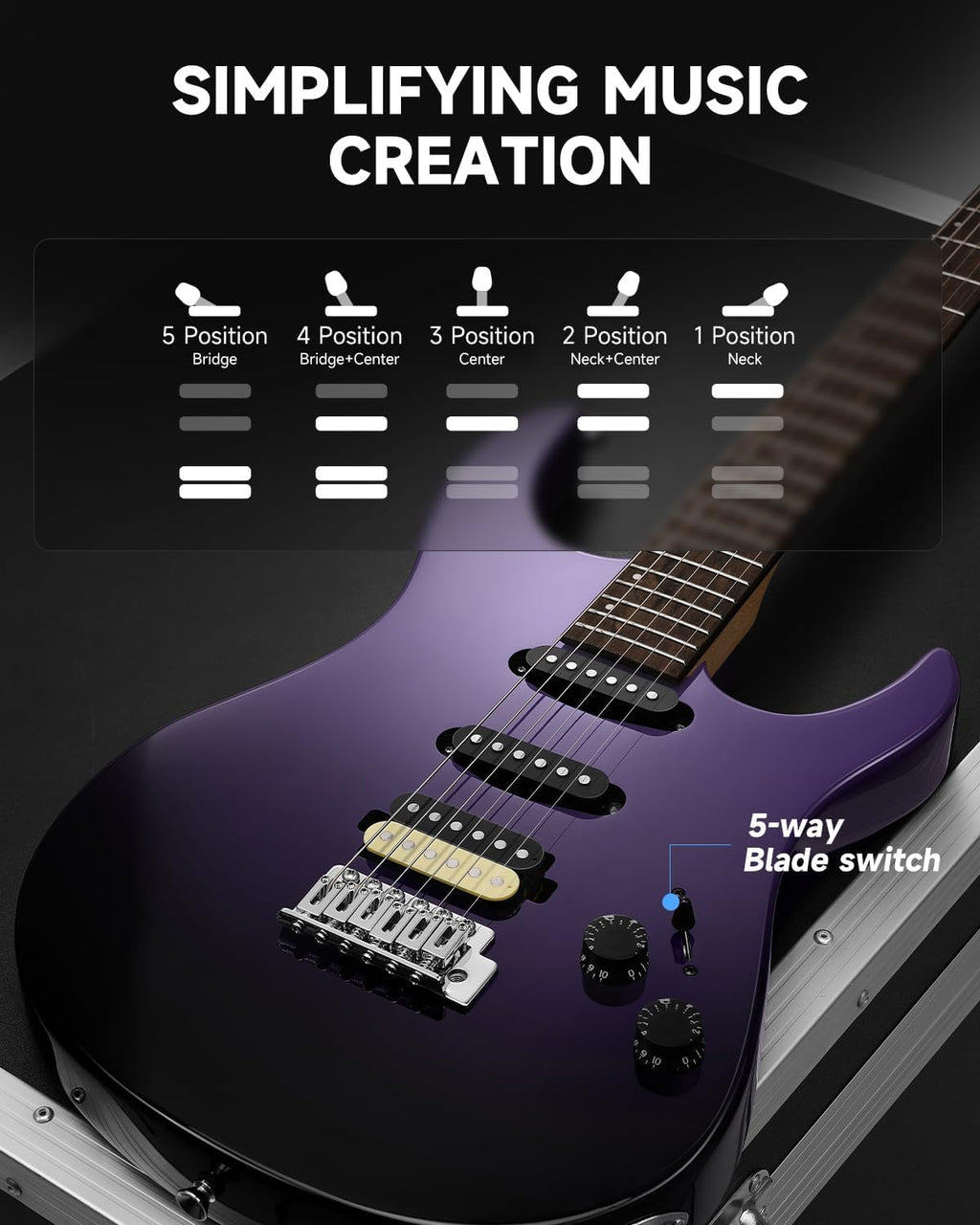 Donner DMT-66 Solid Body Electric Guitar Kit for Beginners, Full Size 39' Electric Guitar with HSS Pickups, Poplar Body, Maple Neck, Starter Guitar with Gig Bag, Strap, Whammy Bar Arm, Purplish Black