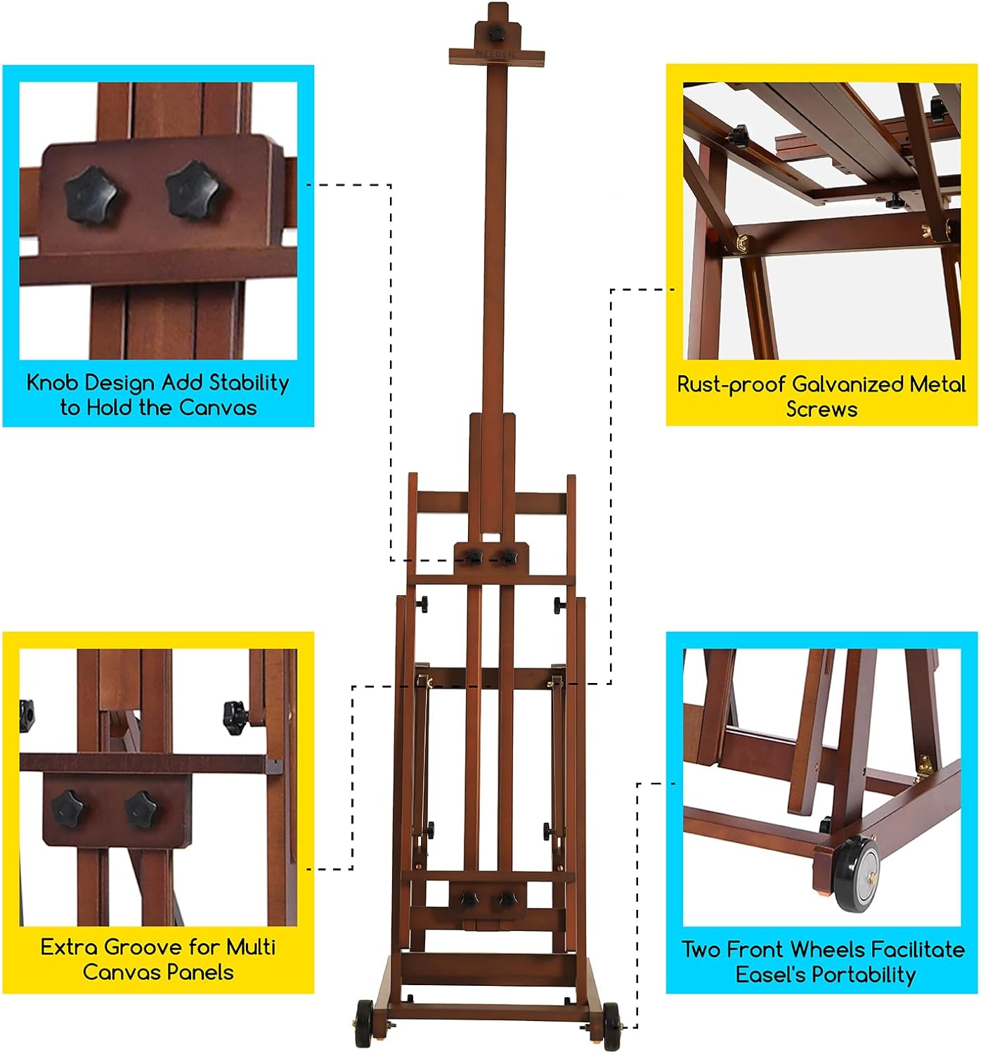 MEEDEN Studio H-Frame Easel -Adjustable Beech Wood Studio Art Easel, Painting Floor Easel Stand, Movable and Tilting Flat Available, Holds Canvas Art up to 77',Classic Walnut