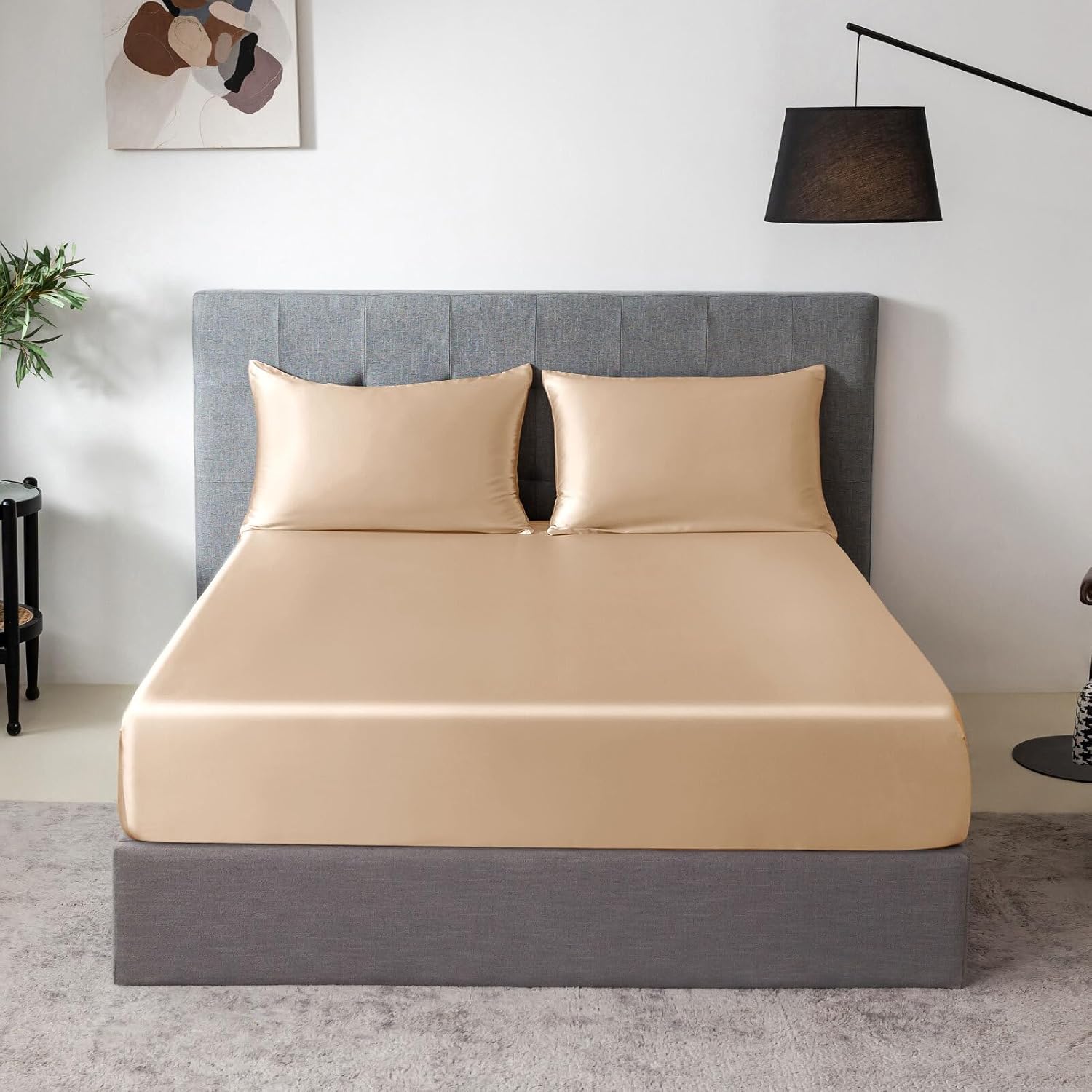 THXSILK 100% Mulberry Silk Fitted Sheet Set, 7A+ Silk 3 Pieces Bed Sheets, Breathable, Smooth, 16 Inch Deep Pocket Fitted Sheet, 2 Pillowcases - Champagne, Queen