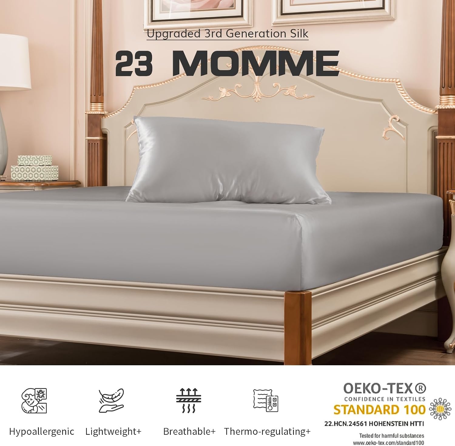 PROMEED 22 Momme Silk Sheet & Pillowcase Sets with Deep Pocket Fitted Bed Sheet and Pillowcases, All Premium Grade 6A Mulberry Silk Bed Set 3 Piece (Light Grey, California King)