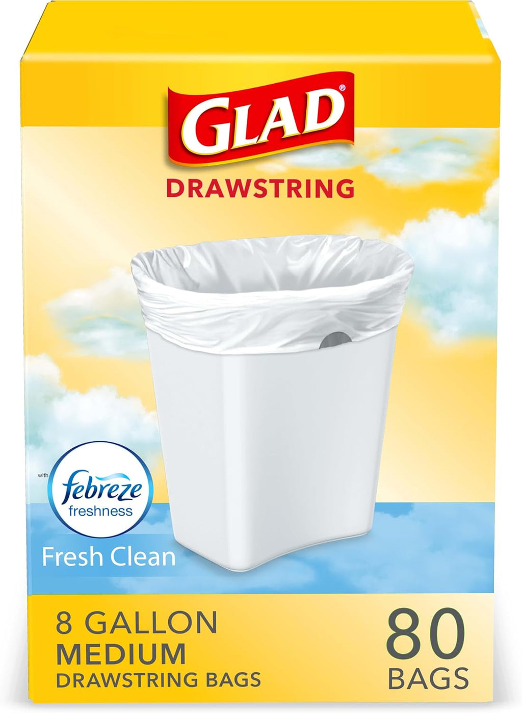 Glad Medium Trash Bags, 8 Gallon, Febreze Fresh Clean Garbage Bags, With Odor Control and Drawstring, 80 Count (Pack of 12)