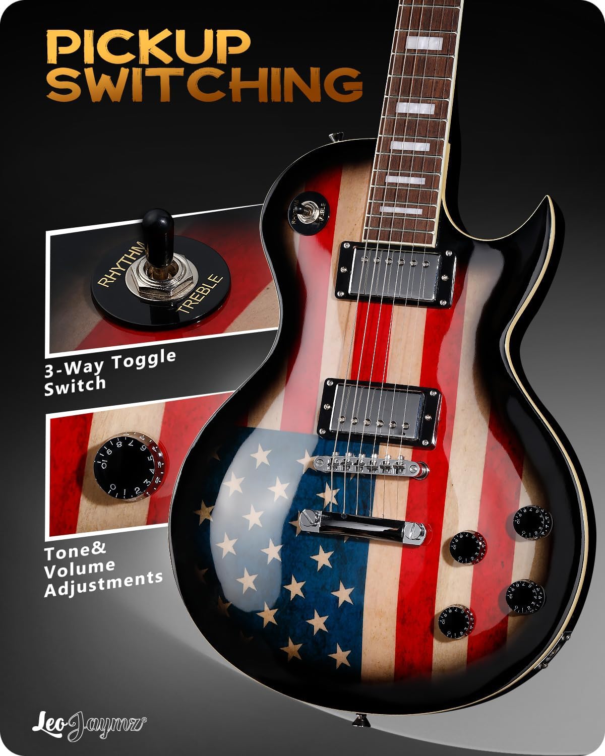 Leo Jaymz SC Series Electric Guitar – Mahogany Body, Laurel Fingerboard, Dual Humbuckers,Tune-O-Matic Bridge, C Neck, 18:1 Tuners (US Flag)