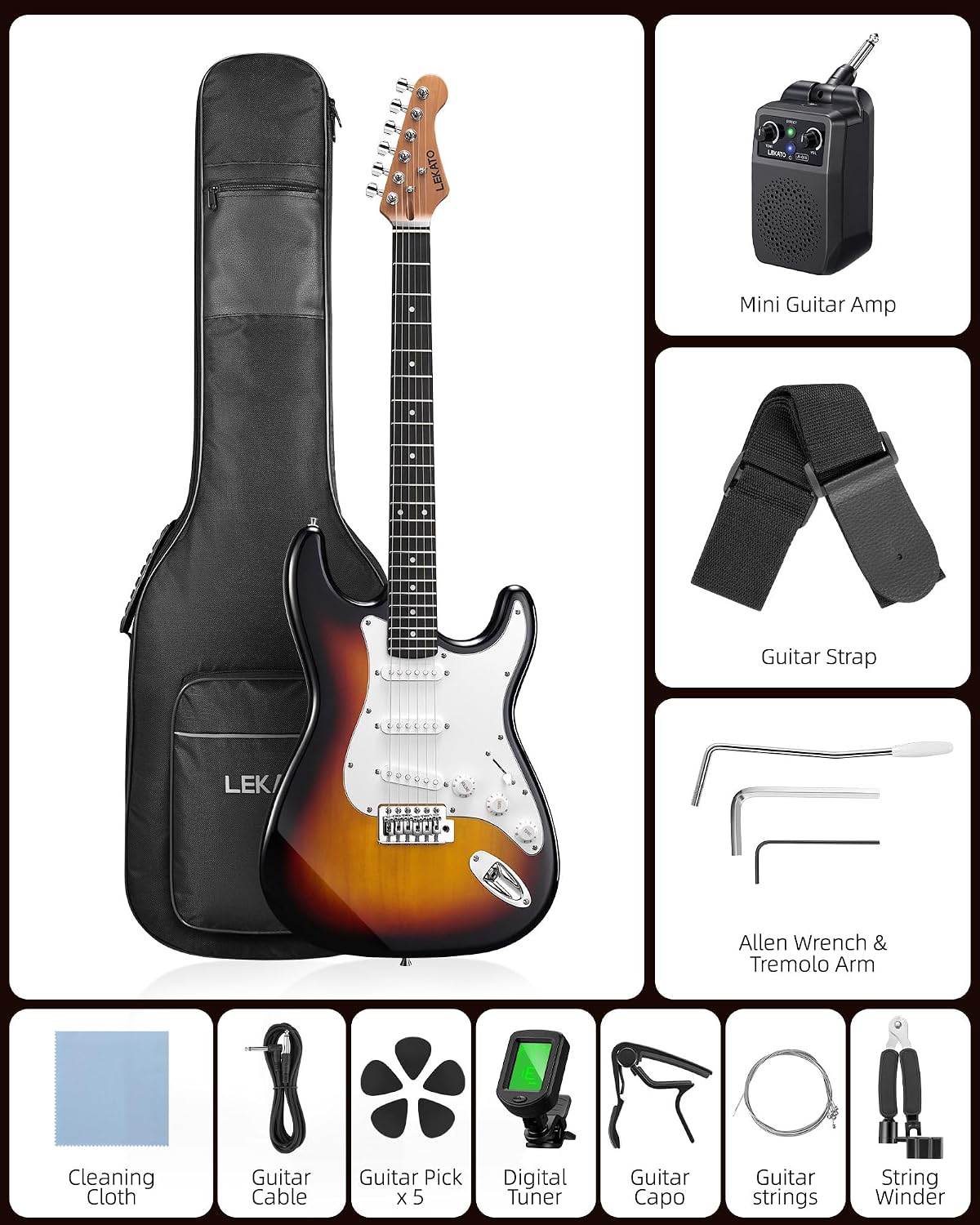 LEKATO Beginner Electric Guitar Kit 39 Inch Full Size Solid Body Guitar SSS for Starter Roasted Maple Neck Stainless Steel Frets, 5w Plug-in Amp, Bag, Tuner, Capo, Strap, Picks, String, Cable-Sunburst