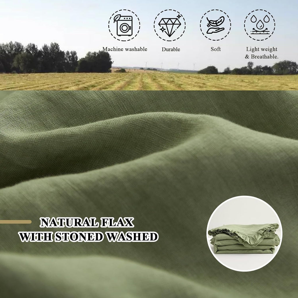 Simple&Opulence 100% Linen Duvet Cover Set, 3 PCS Natural French Flax Sage Green Ruffle Duvet Cover Queen Size, Breathable Comfy Linen Bedding Comforter Cover with 2 Pillowcases(Sage Green, 88' X 92')