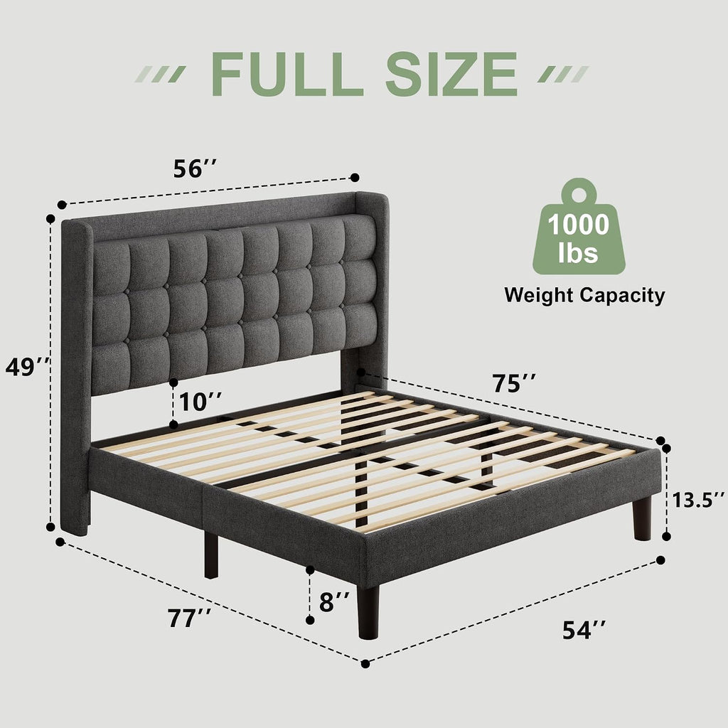 Feonase Full Bed Frame with Charging Station, Upholstered Platform Bed Frame with Wingback Storage Headboard, No Box Spring Needed, Easy Assembly, Dark Gray