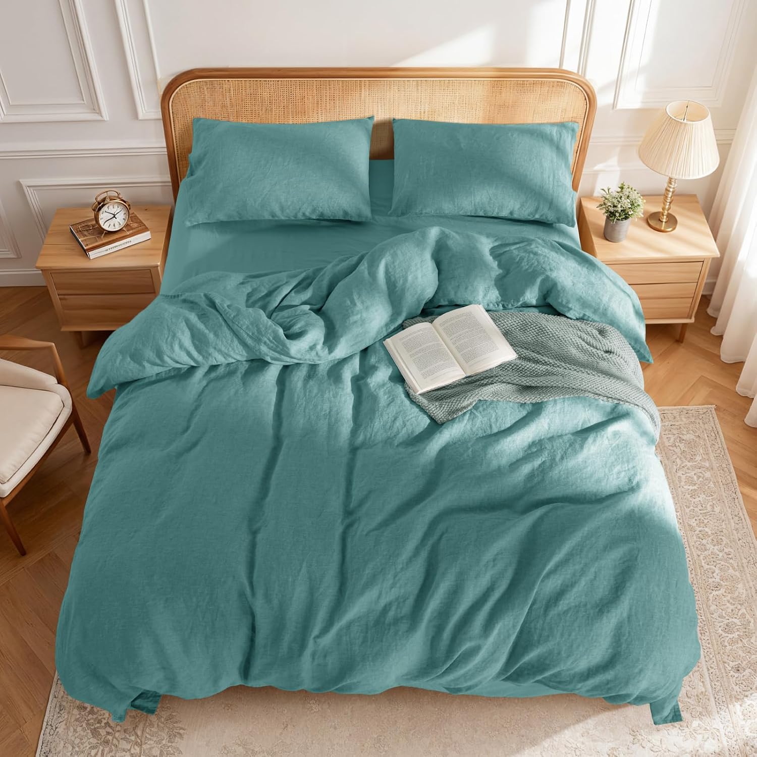 LBRO2M 100% France Linen Duvet Cover Set 3 Pcs Including 1 Flax Comforter Cover with Zipper Closure, 2 Pillowcase, Cozy Duvet Cover California King, Aqua
