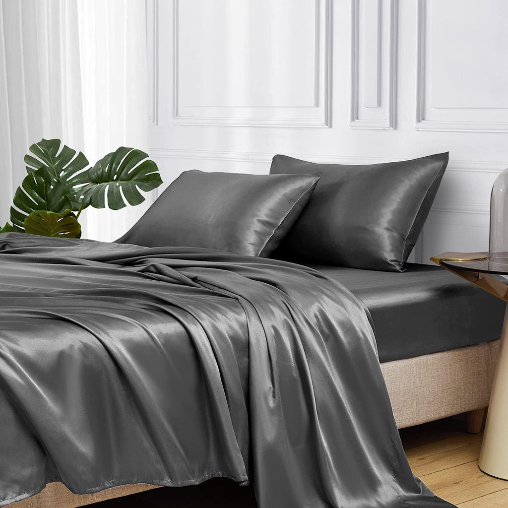100% Mulberry Silk Sheet Set - 25 Momme Grade 6A, 21 Inch Deep Pocket, Luxurious Bed Sheets for Ultimate Comfort,Queen-Dark Grey