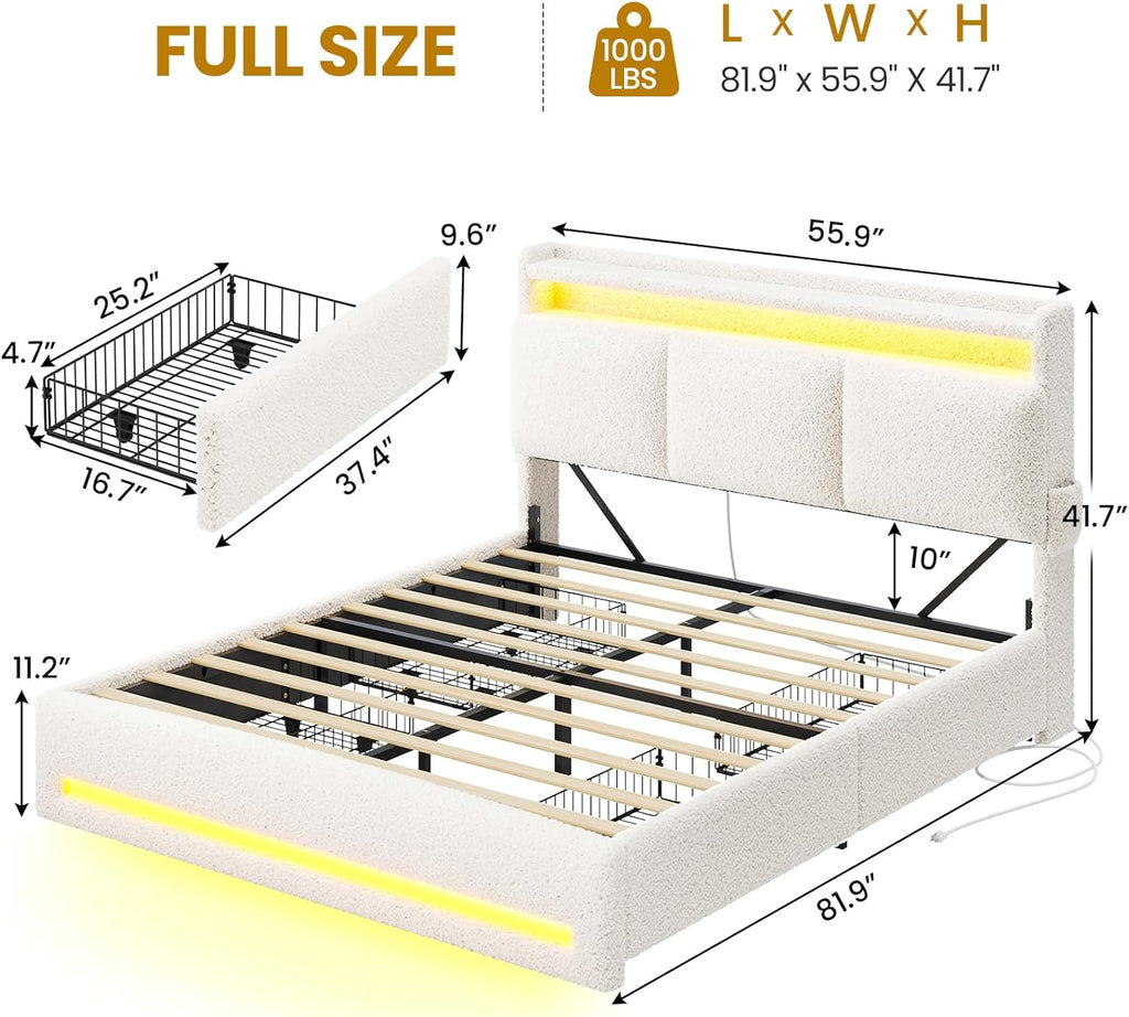 VIAGDO Full Size Bed Frame with Storage Headboard and Charging Station, Boucle Upholstered Bed Frame Full Size with 4 Drawers and LED Lights, Type C and USB, No Box Spring Needed, Cream White