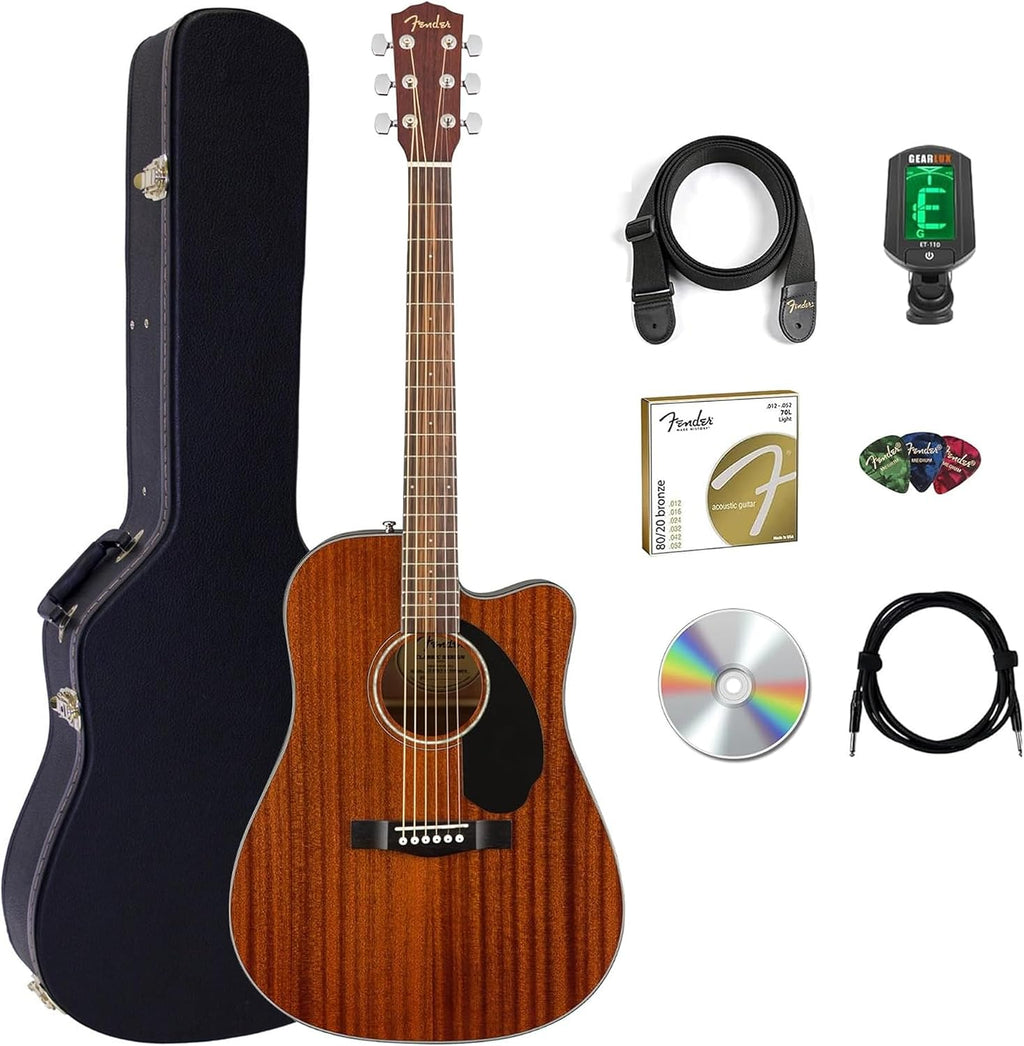 Fender CD-60SCE Solid Top Dreadnought Acoustic-Electric Guitar - All Mahogany Bundle with Hard Case, Instrument Cable, Tuner, Strap, Strings, Picks, and Austin Bazaar Instructional DVD