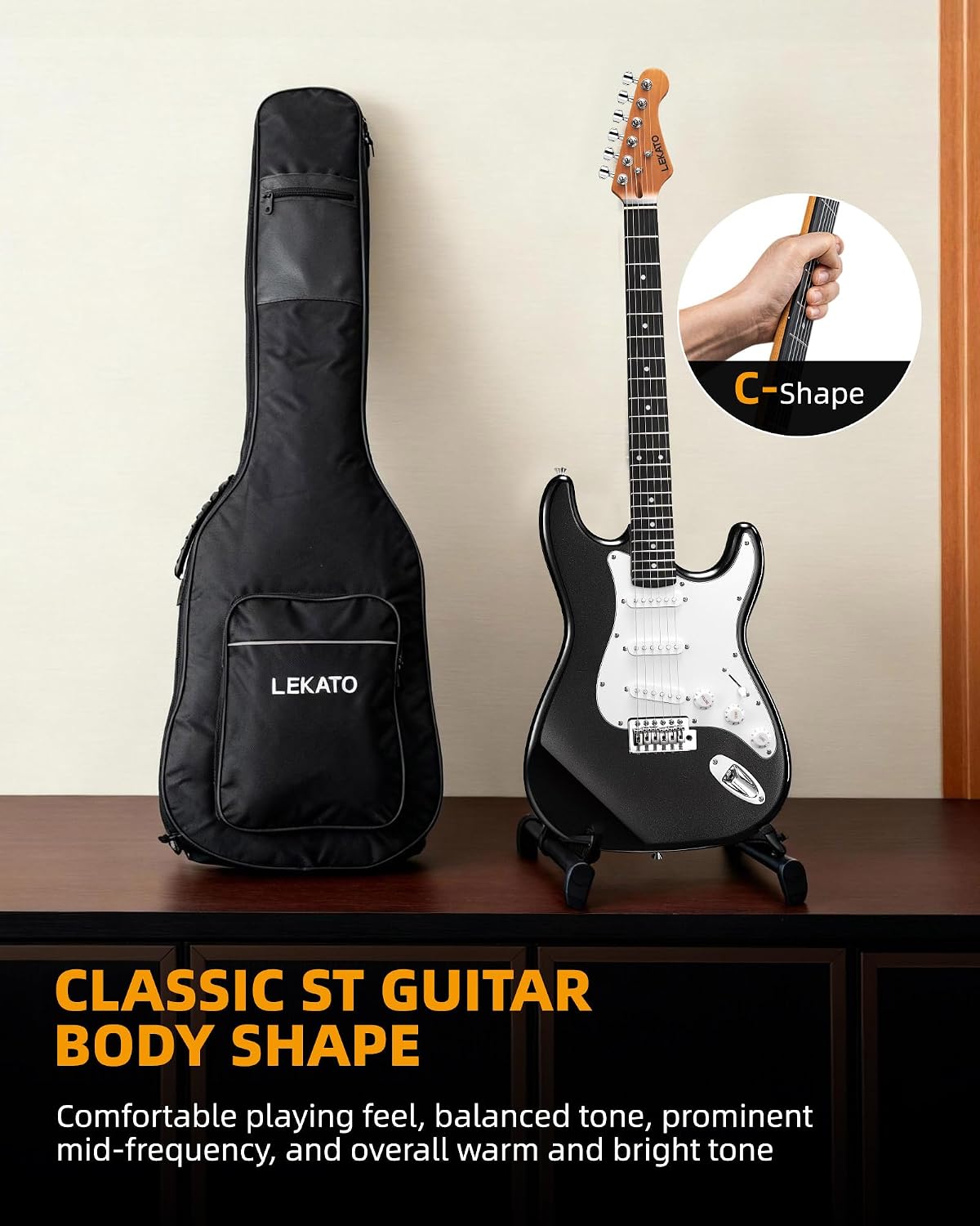 LEKATO Beginner Electric Guitar Kit 39 Inch Full Size Solid Body Guitar SSS for Starter Roasted Maple Neck Stainless Steel Frets, 5w Plug-in Amp, Bag, Tuner, Capo, Strap, Picks, String, Cable - Black