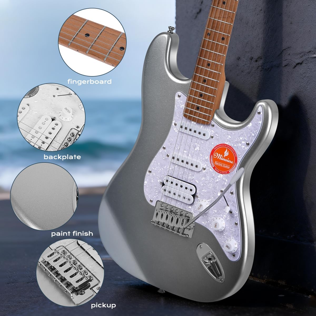 Electric Guitar Kit -39in Solid Body Starter Guitar Kit with Metallic finish, Guitar Case, Amplifier Gig Bag, Strings, Strap, Cable, Picks M100S (Silver)
