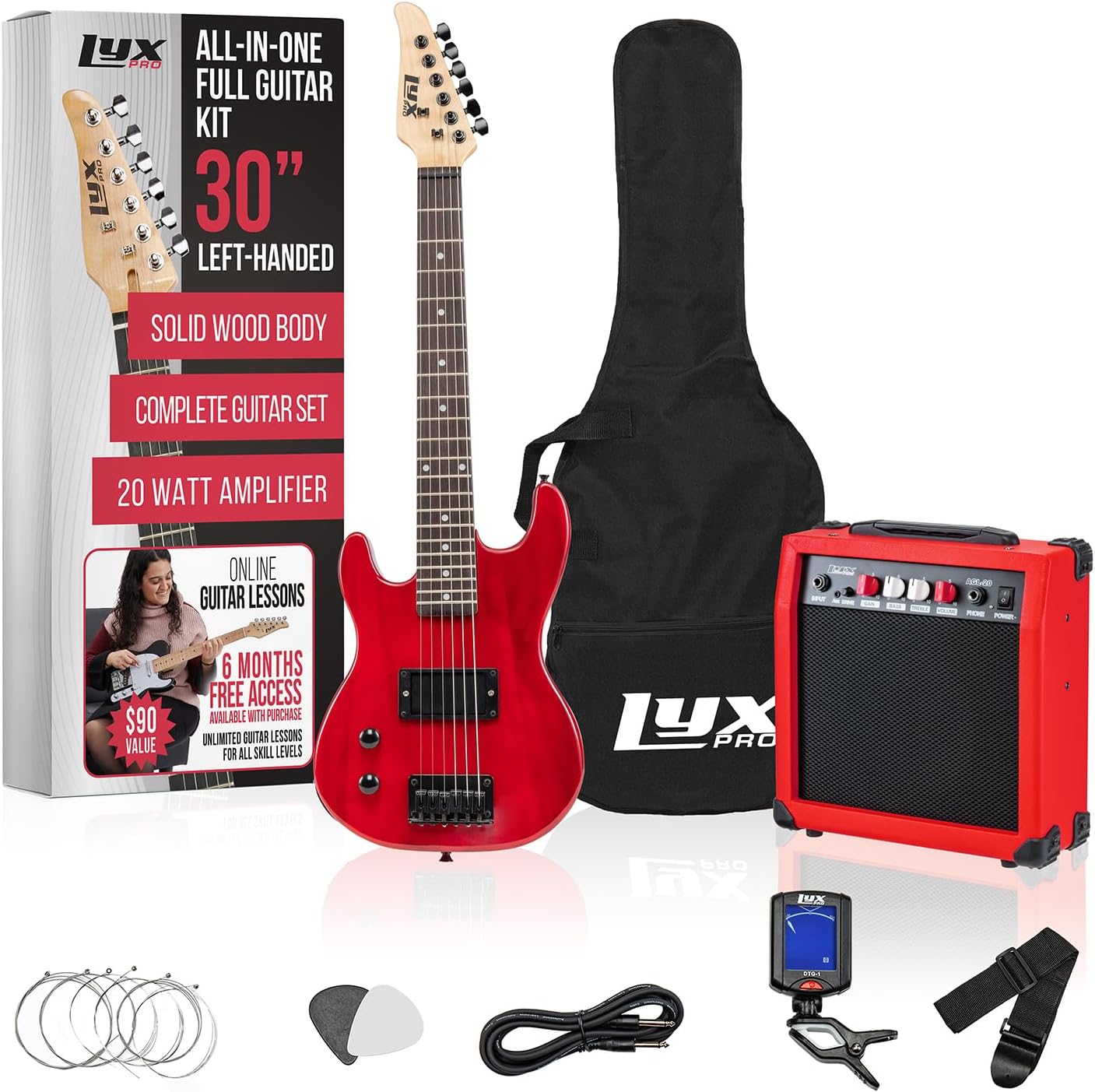 LyxPro Left Hand 30 Inch Electric Guitar Kit for Lefty Kids 3/4 Size Beginner's Guitar, Amp, Six Strings, Two Picks, Shoulder Strap, Digital Clip On Tuner, Guitar Cable and Soft Case Gig Bag - Red