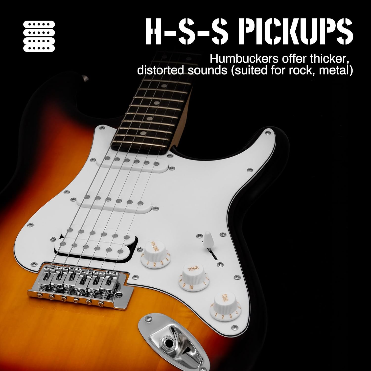 AODSK Electric Guitar with Amp Beginner Kit 39 Inch Solid Body Full Size,All Accessories,Digital Tuner,Six Strings,Four Picks,Tremolo Bar,Strap,Gig Bag,Starter kit (Sunburst-HSS)