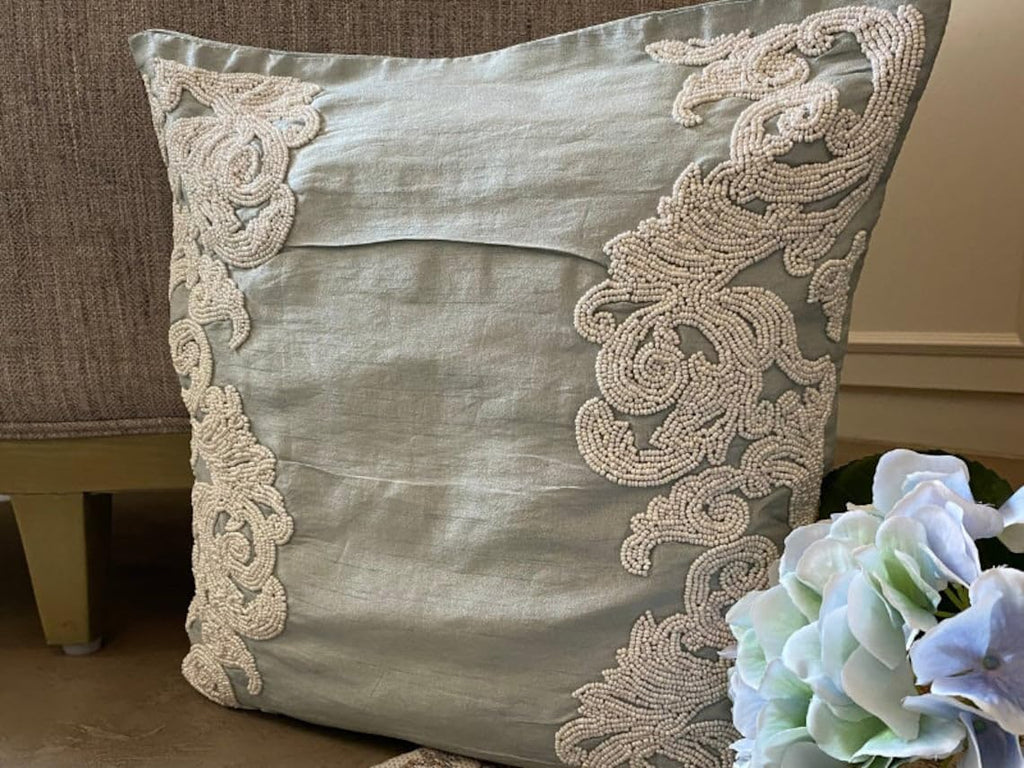 HomeCentric French Toile Pillow Shams Pack of 2 - 24x24 inch (60x60 cm) Square Silk Shams - Baroque Beaded Theme - Light Blue - Victorian - White Waters