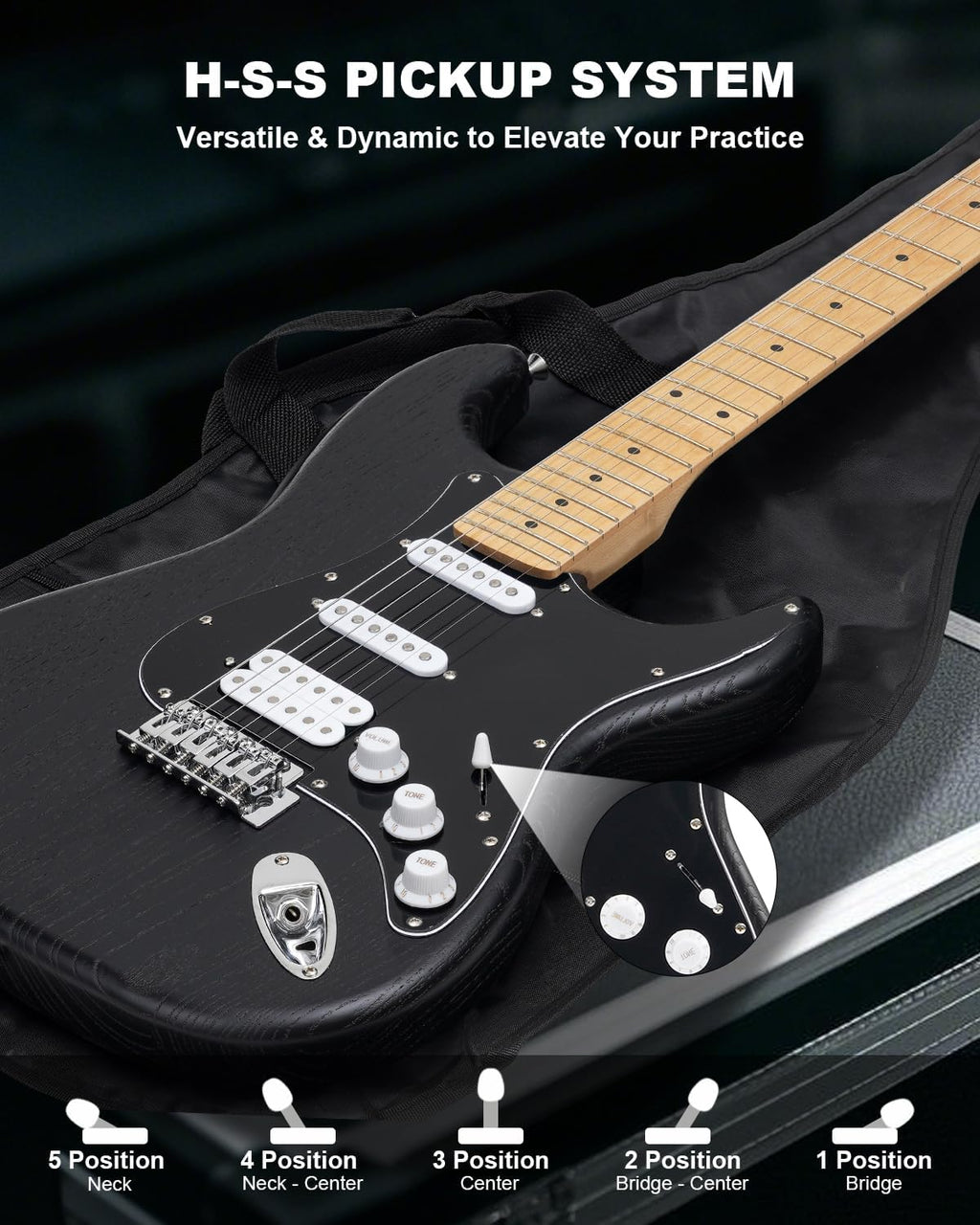 RVONE RST-150 39' Beginner Electric Guitar Kit with Amp & HSS Pickups | Complete Starter Set for Newcomers w/Essentials | Gig Bag, Extra Strings, Digital Tuner, Capo, Strap | Home Practice (Black)