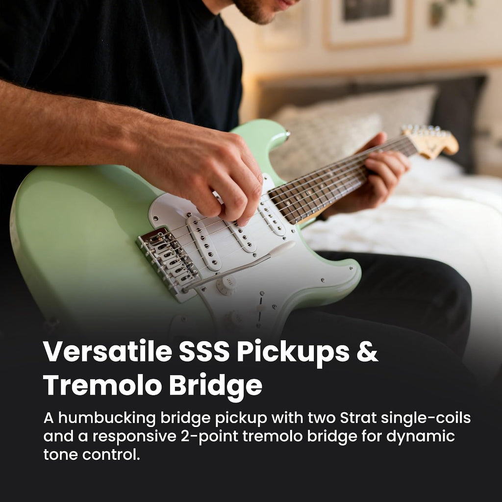 Fender Squier Sonic Stratocaster Pack - Surf Green Bundle with Frontman 10G Amp, Gig Bag, Instrument Cable, Strap, Picks, and 3-Month Fender Play