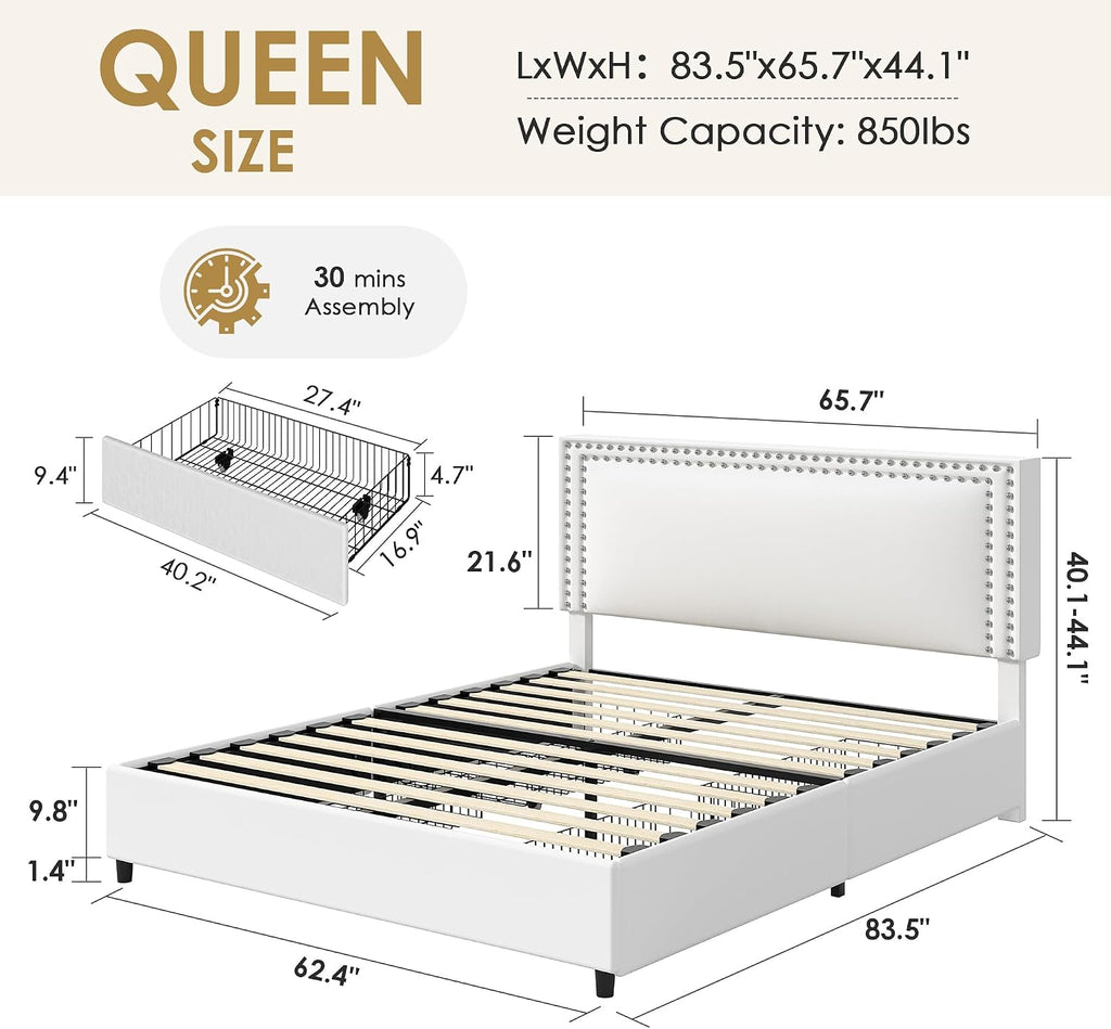 VECELO Queen Size Upholstered Bed Frame with 4 Storage Drawers, Adjustable Velvet Rivet Decor Headboard, Wooden Slats Platform Support, No Box Spring Needed, Easy Assembly,White