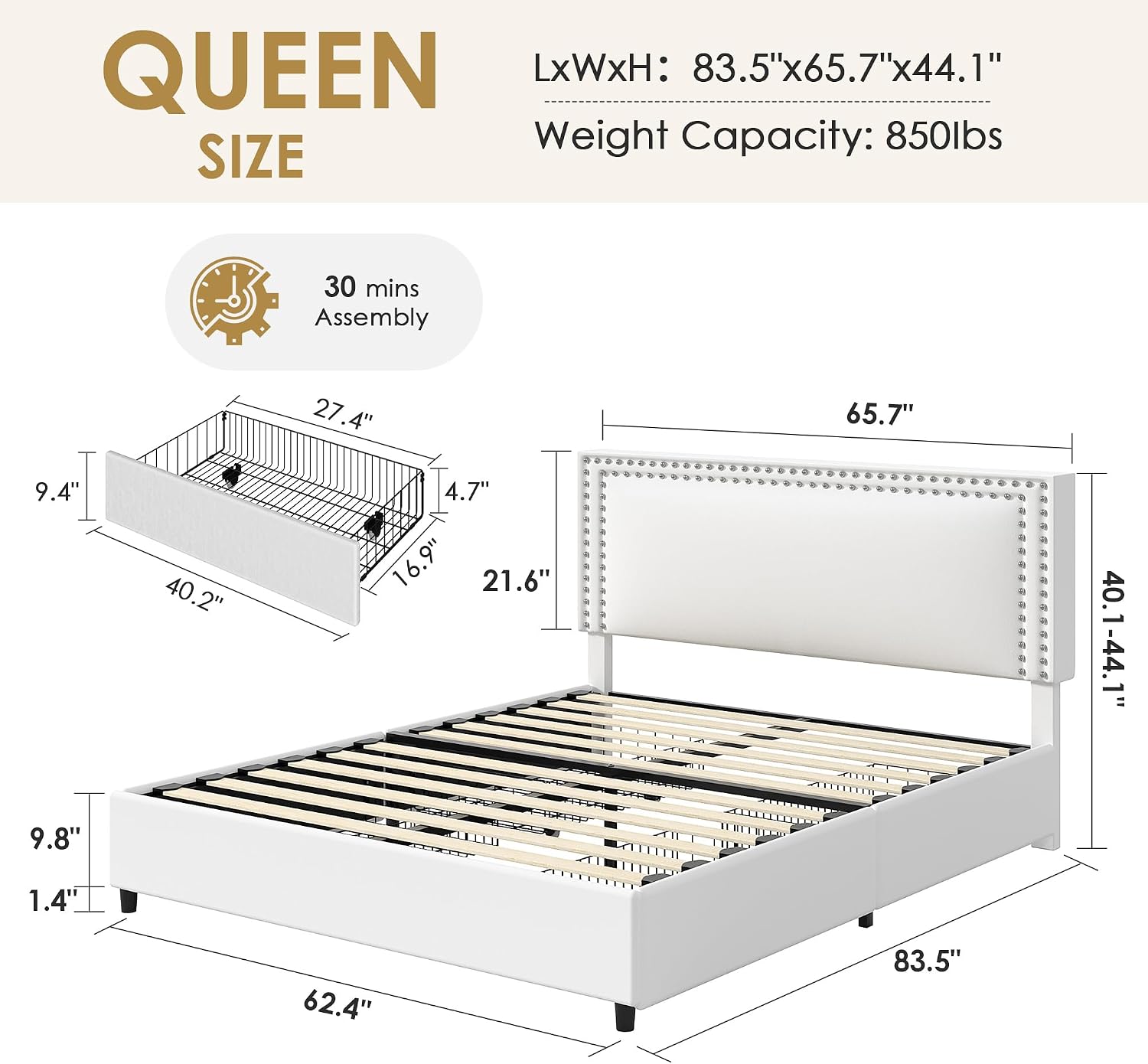 VECELO Queen Size Upholstered Bed Frame with 4 Storage Drawers, Adjustable Velvet Rivet Decor Headboard, Wooden Slats Platform Support, No Box Spring Needed, Easy Assembly,White