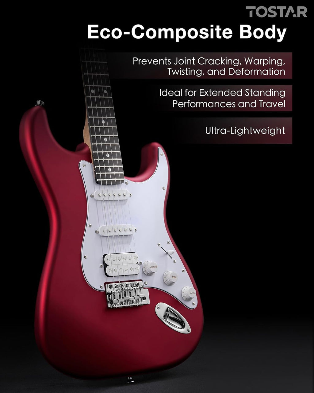 Tostar Electric Guitar Kit with Amp, 39' Full Size 6 String, Lightweight, Rounded Body Design, 5-Way SSH Pickup Switch, 2 Tone & 1 Volume Knobs, Beginner Electric Guitar for Man Woman Candy Apple Red