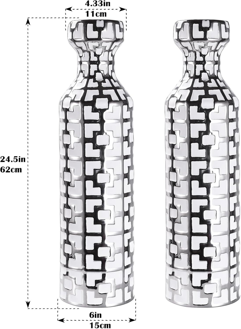 24.4 inch Tall Floor Vases Set of 2. White Vase with Silver Geometric Patterns, Ceramics Modern Flower Vases for Living Room, Entryway, Indoor/Outdoor Decor, Large Vase for Home Decor