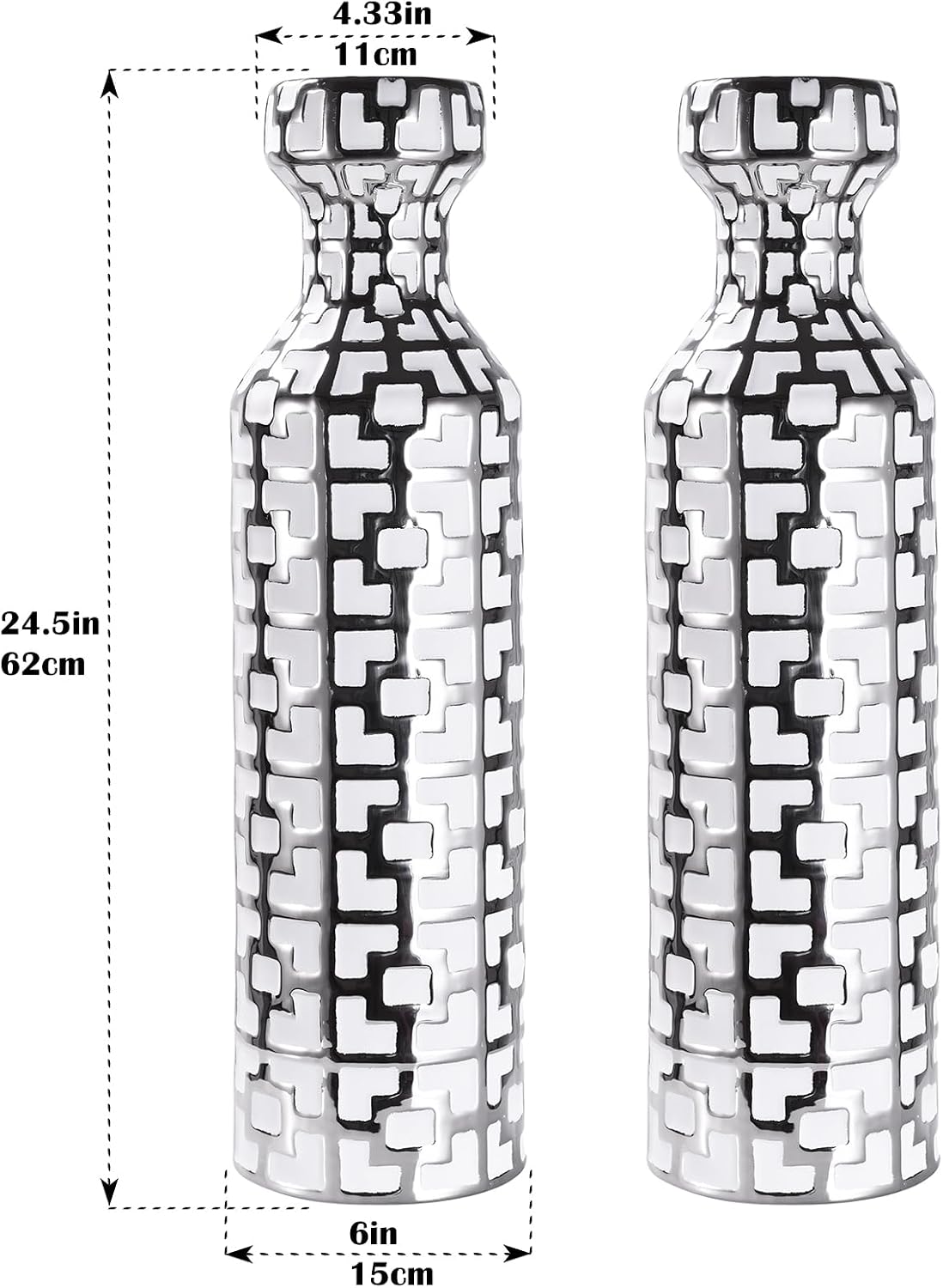 24.4 inch Tall Floor Vases Set of 2. White Vase with Silver Geometric Patterns, Ceramics Modern Flower Vases for Living Room, Entryway, Indoor/Outdoor Decor, Large Vase for Home Decor