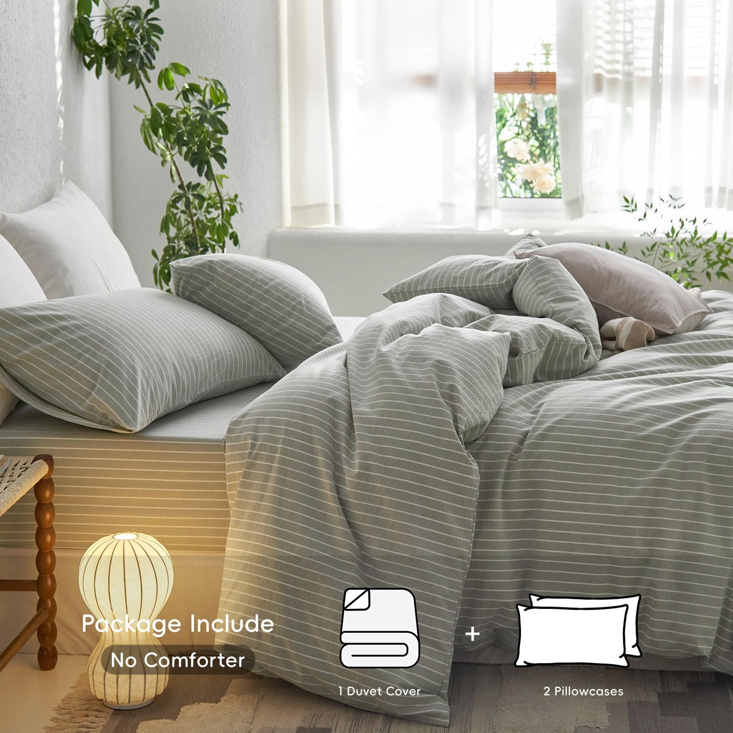 MooMee Striped Duvet Cover Set 100% Washed Cotton Linen Like Textured Breathable Durable Soft Comfy (Sage Green White Wide Stripes, Alaska King 132'x120')