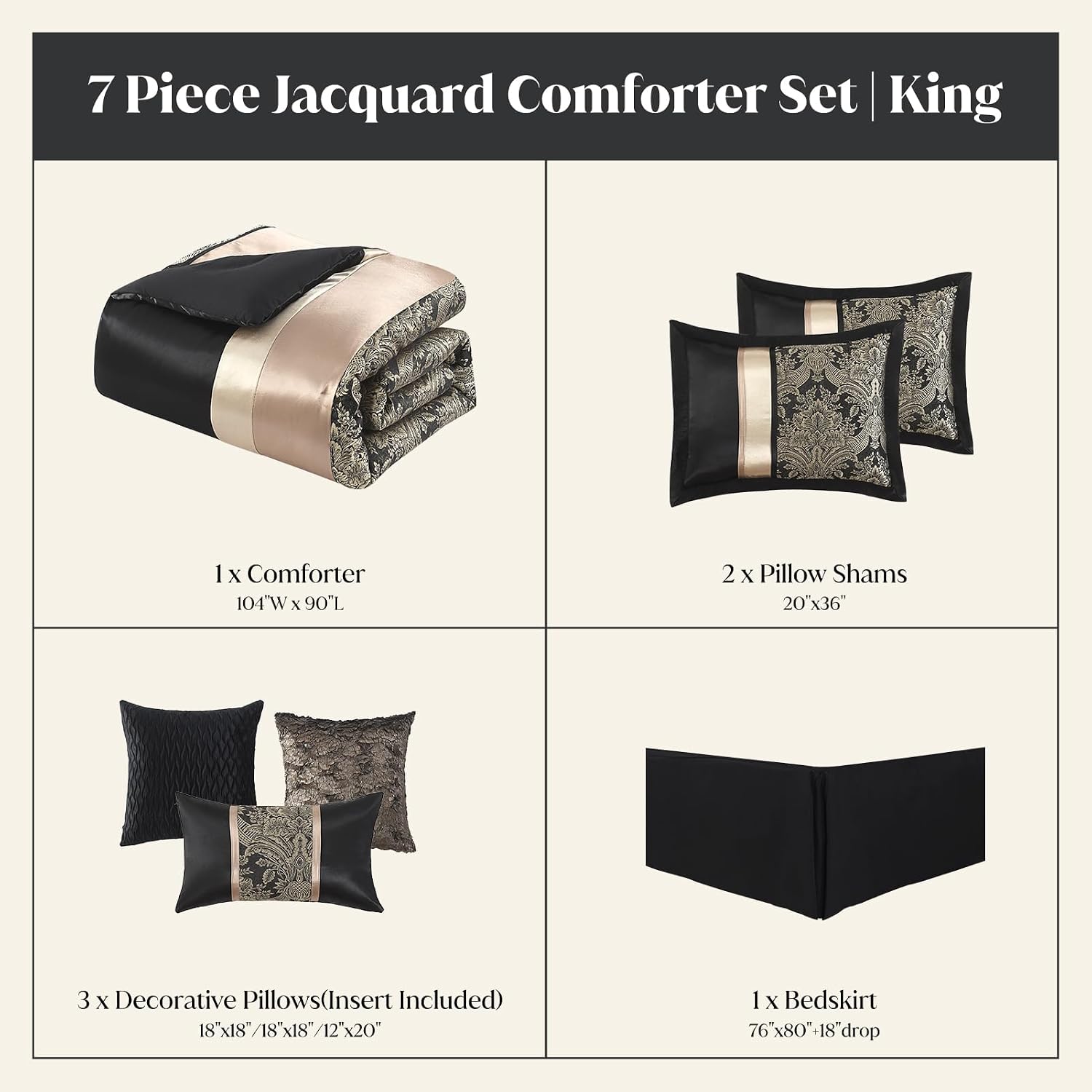 CozyDH Black Gold Jacquard Comforter Set - 7 Piece King Luxury Damask Floral Patchwork, All Season Down Alternative Silky Bedding Bed in a Bag with Bed Skirt, Shams, Decorative Pillows, 104x90 in
